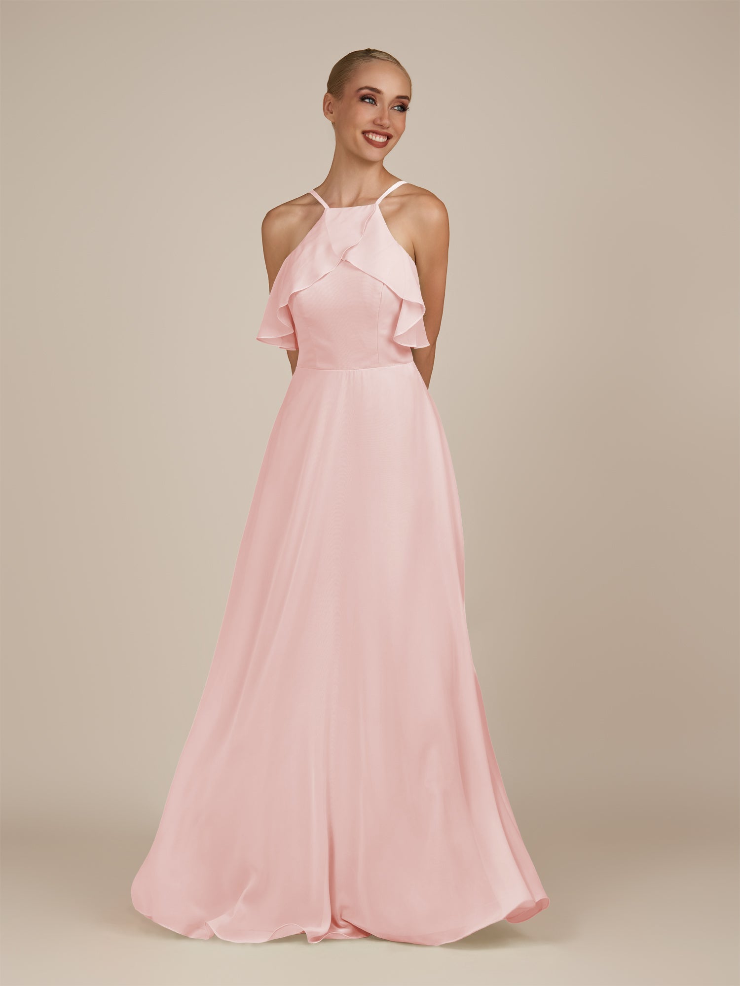 KissDress-Wynne Blush Pink A Line Chiffon Halter Neck Ruffled Overlay Long Bridesmaid Dress