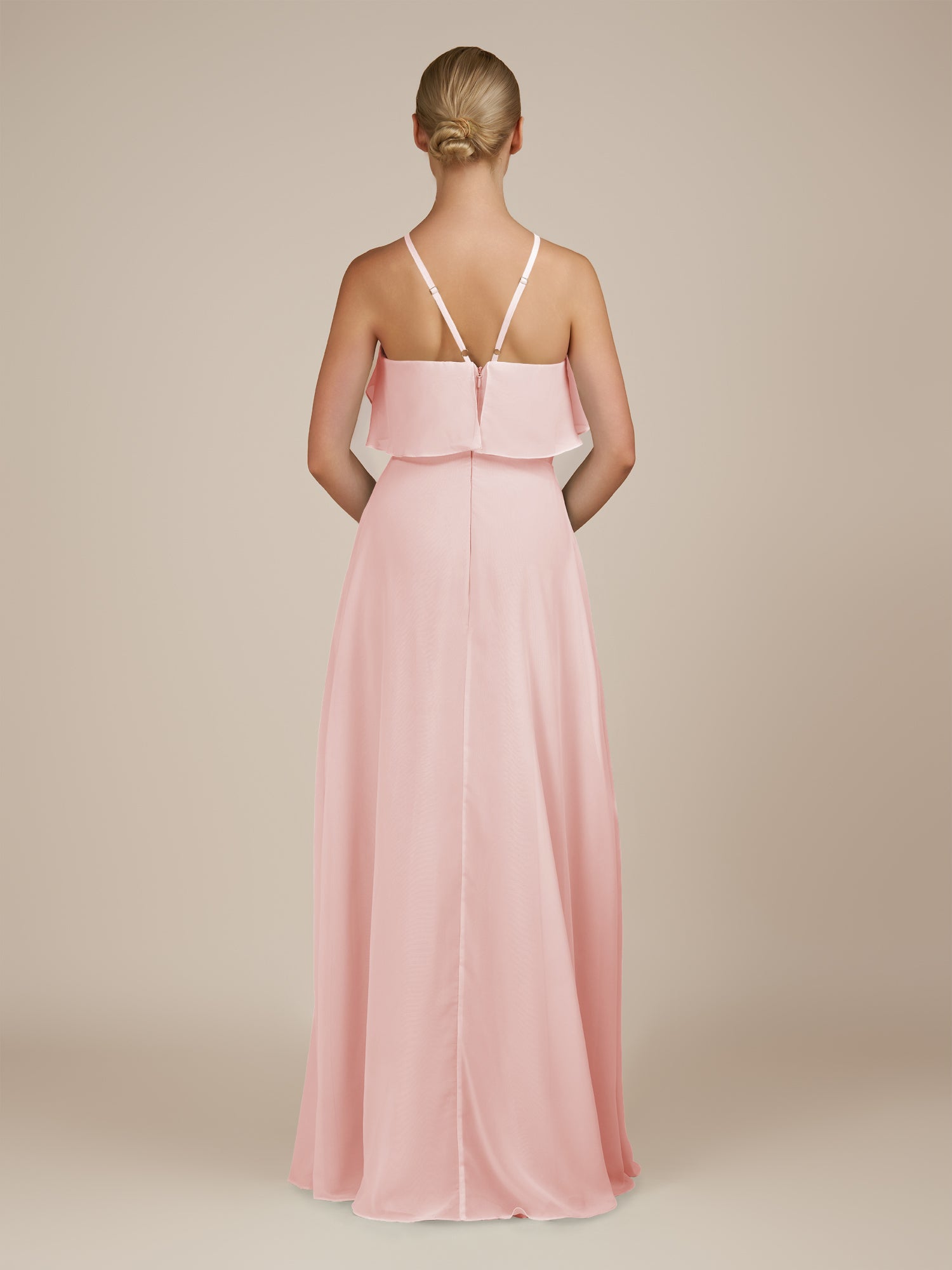 KissDress-Wynne Blush Pink A Line Chiffon Halter Neck Ruffled Overlay Long Bridesmaid Dress