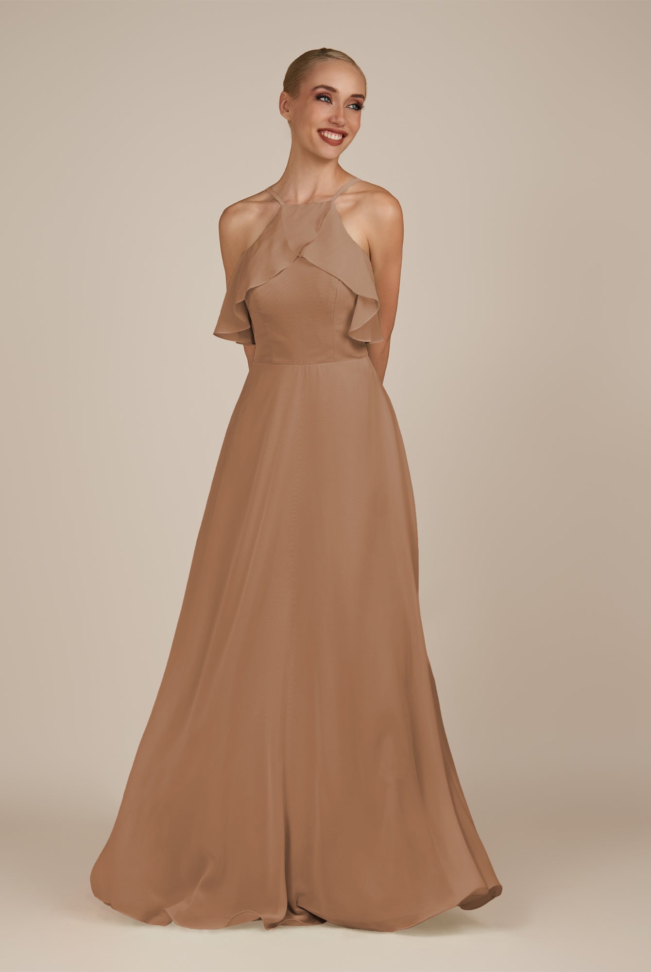 KissDress-Wynne Bronzer A Line Chiffon Halter Neck Ruffled Overlay Long Bridesmaid Dress