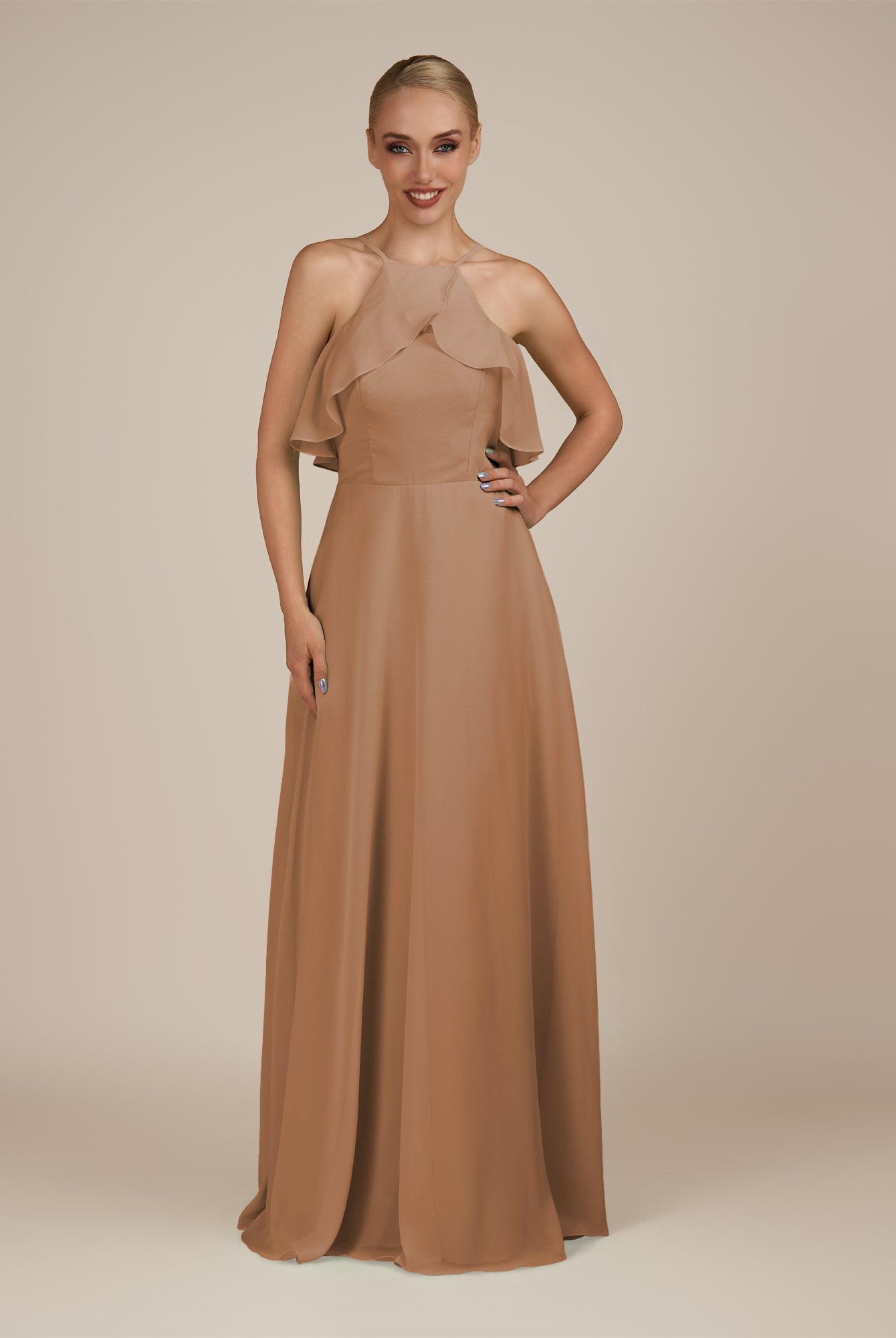 KissDress-Wynne Bronzer A Line Chiffon Halter Neck Ruffled Overlay Long Bridesmaid Dress