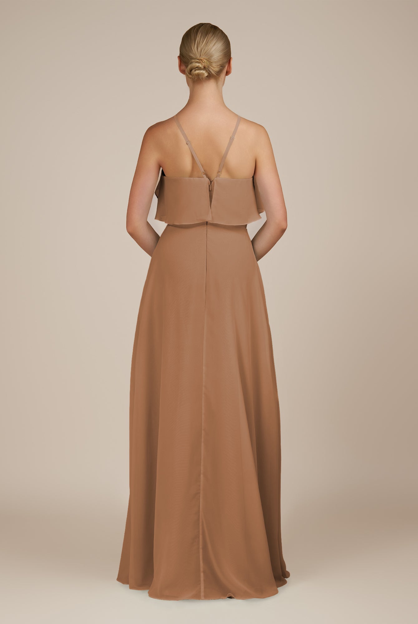 KissDress-Wynne Bronzer A Line Chiffon Halter Neck Ruffled Overlay Long Bridesmaid Dress