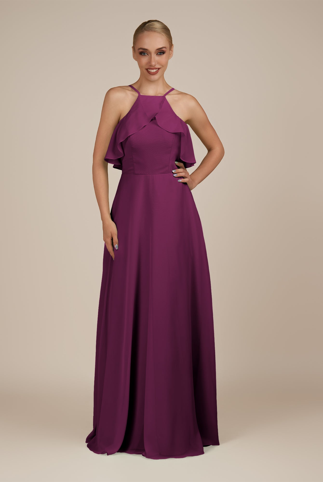 KissDress-Wynne Fig A Line Chiffon Halter Neck Ruffled Overlay Long Bridesmaid Dress