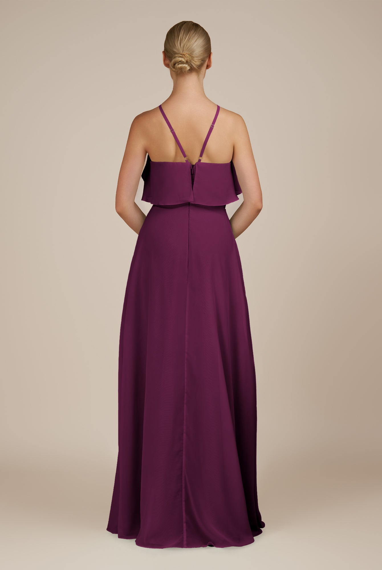 KissDress-Wynne Fig A Line Chiffon Halter Neck Ruffled Overlay Long Bridesmaid Dress
