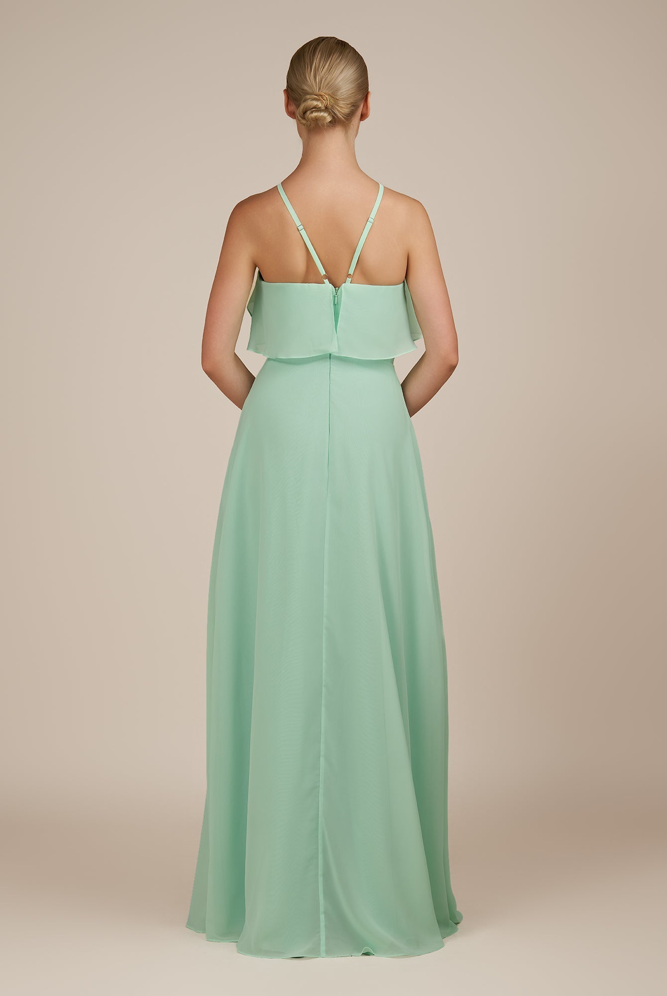 KissDress-Wynne Pale Pistachio A Line Chiffon Halter Neck Ruffled Overlay Long Bridesmaid Dress draft