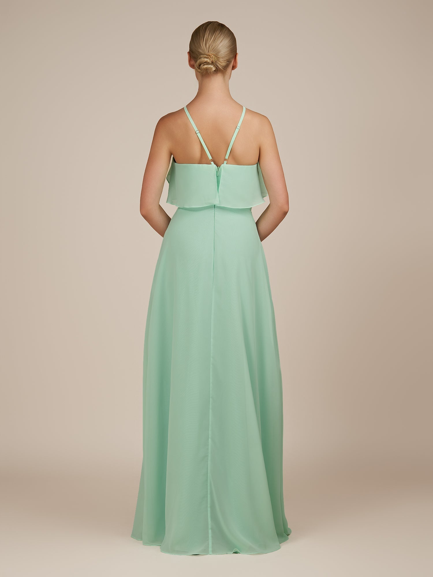 KissDress-Wynne Pale Pistachio A Line Chiffon Halter Neck Ruffled Overlay Long Bridesmaid Dress draft