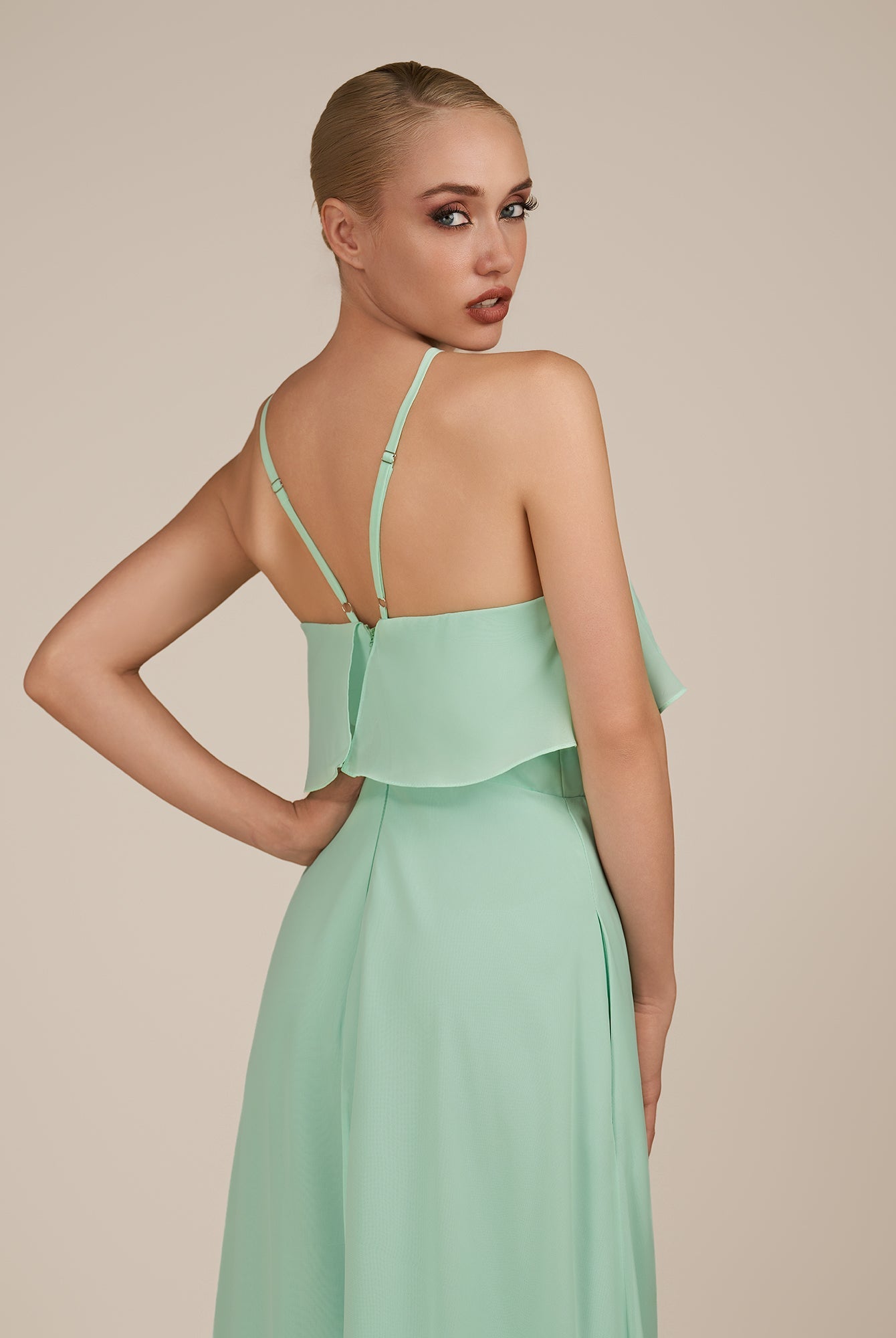 KissDress-Wynne Pale Pistachio A Line Chiffon Halter Neck Ruffled Overlay Long Bridesmaid Dress draft