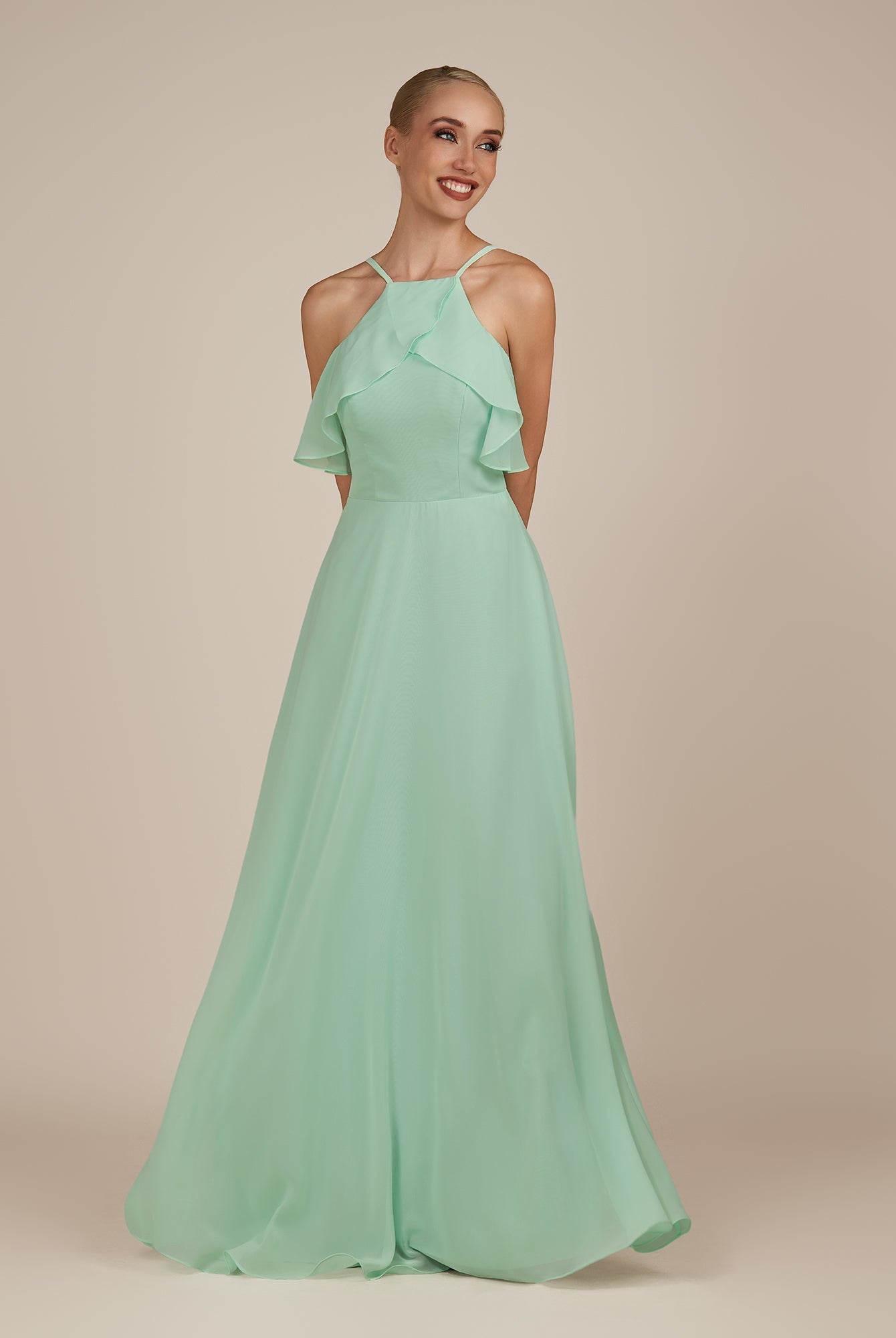 KissDress-Wynne Pale Pistachio A Line Chiffon Halter Neck Ruffled Overlay Long Bridesmaid Dress draft