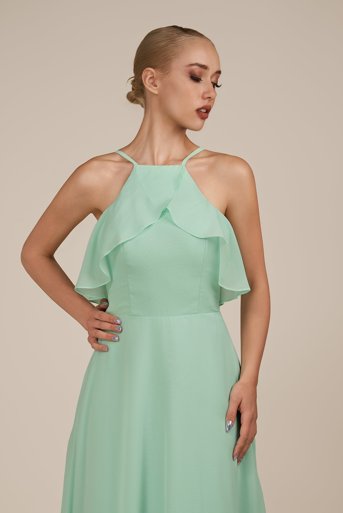 KissDress-Wynne Pale Pistachio A Line Chiffon Halter Neck Ruffled Overlay Long Bridesmaid Dress draft
