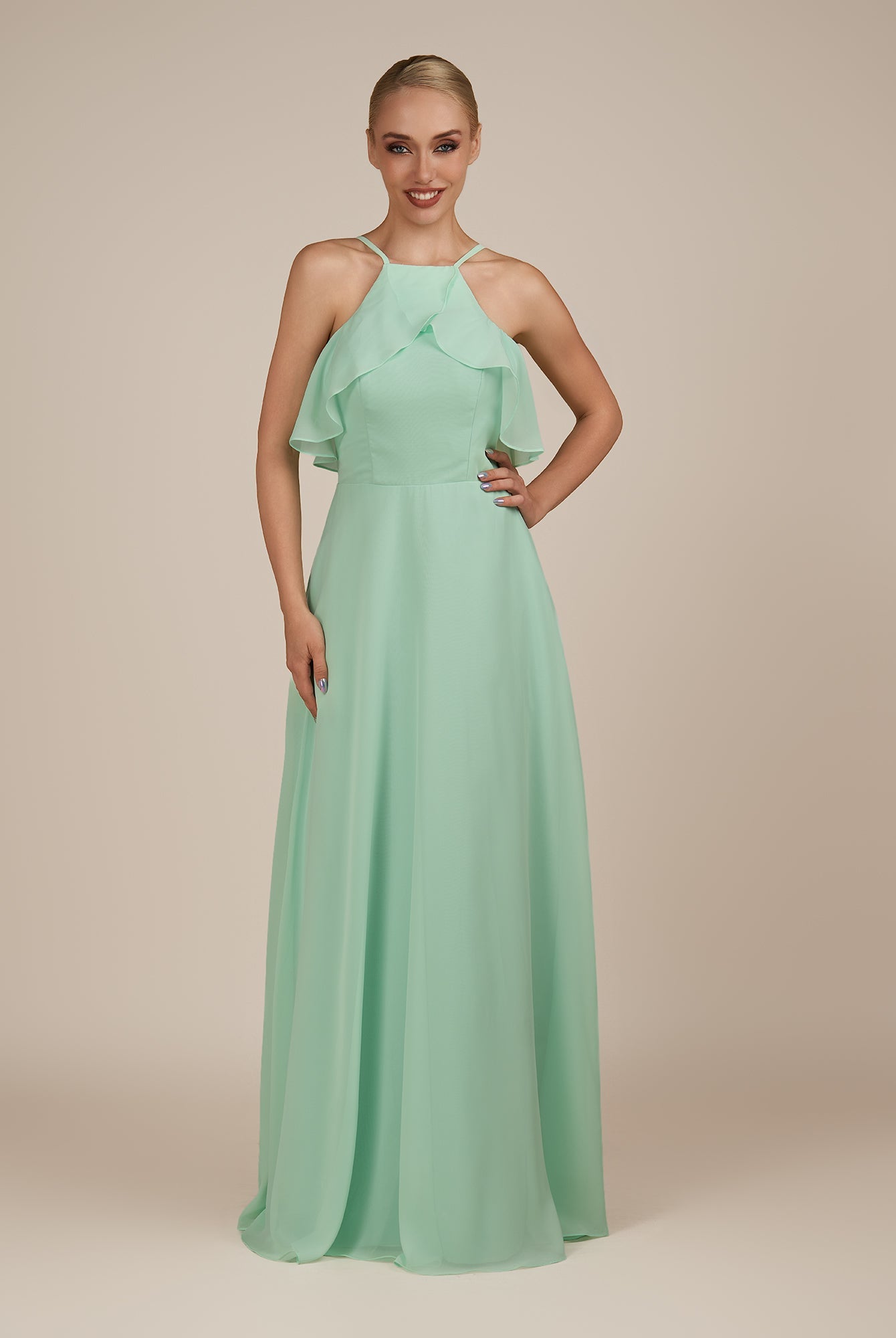 KissDress-Wynne Pale Pistachio A Line Chiffon Halter Neck Ruffled Overlay Long Bridesmaid Dress draft
