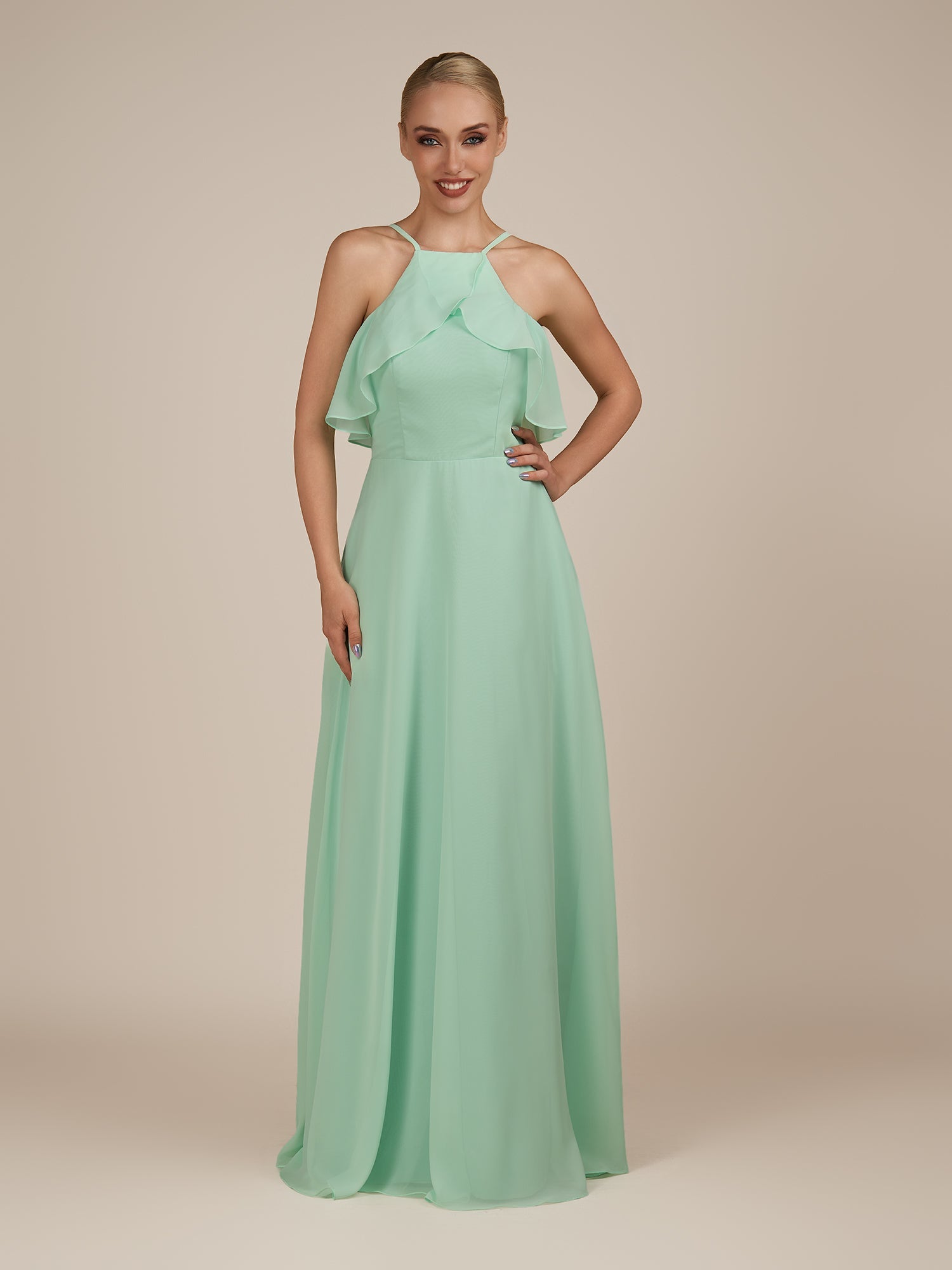 KissDress-Wynne Pale Pistachio A Line Chiffon Halter Neck Ruffled Overlay Long Bridesmaid Dress draft