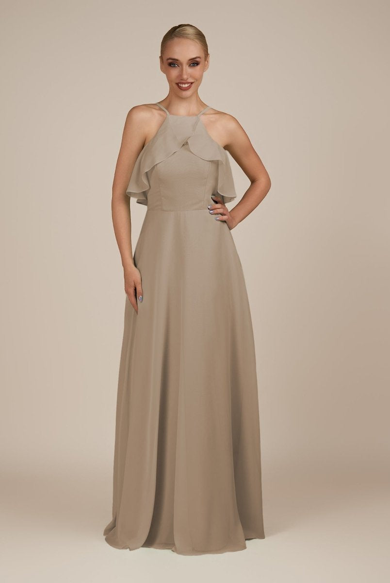 KissDress-Wynne Almond A Line Chiffon Halter Neck Ruffled Overlay Long Bridesmaid Dress