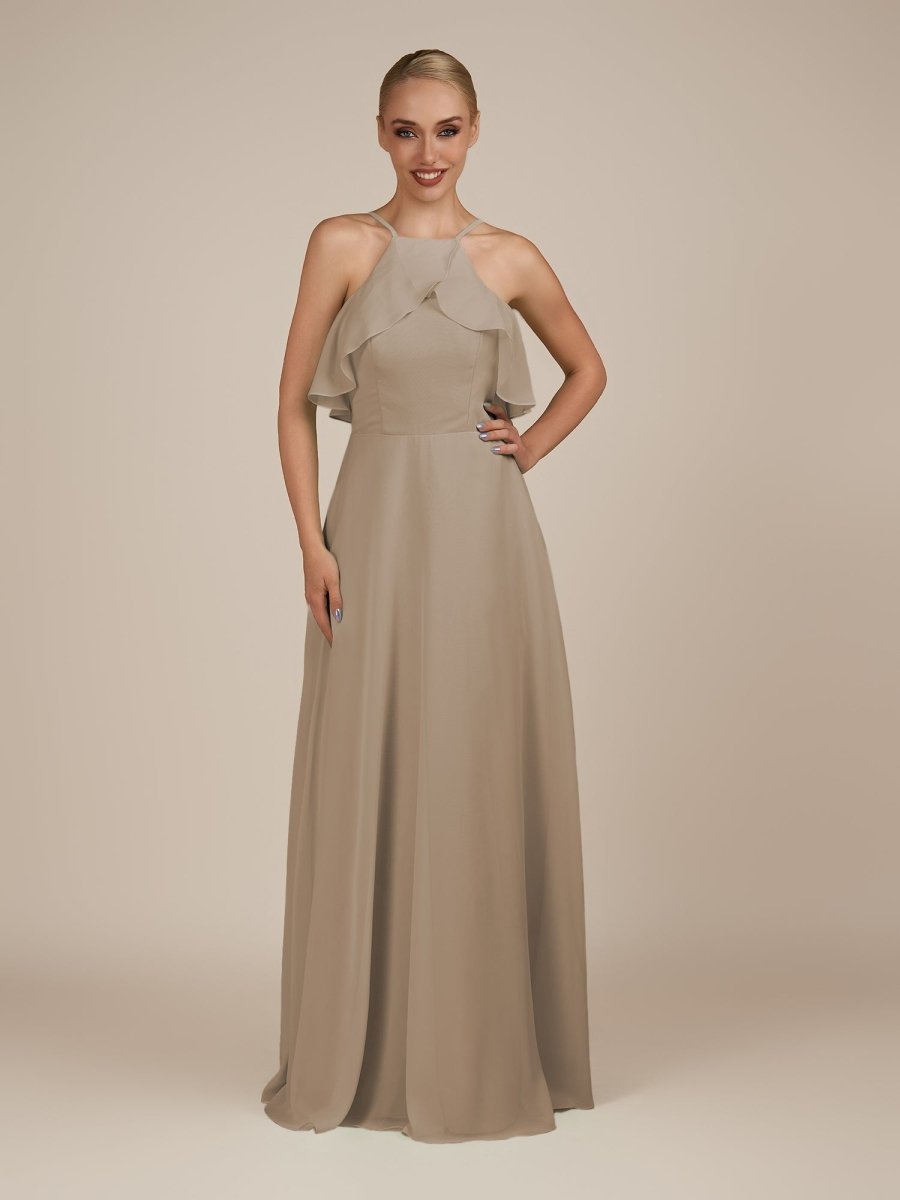 KissDress-Wynne Almond A Line Chiffon Halter Neck Ruffled Overlay Long Bridesmaid Dress