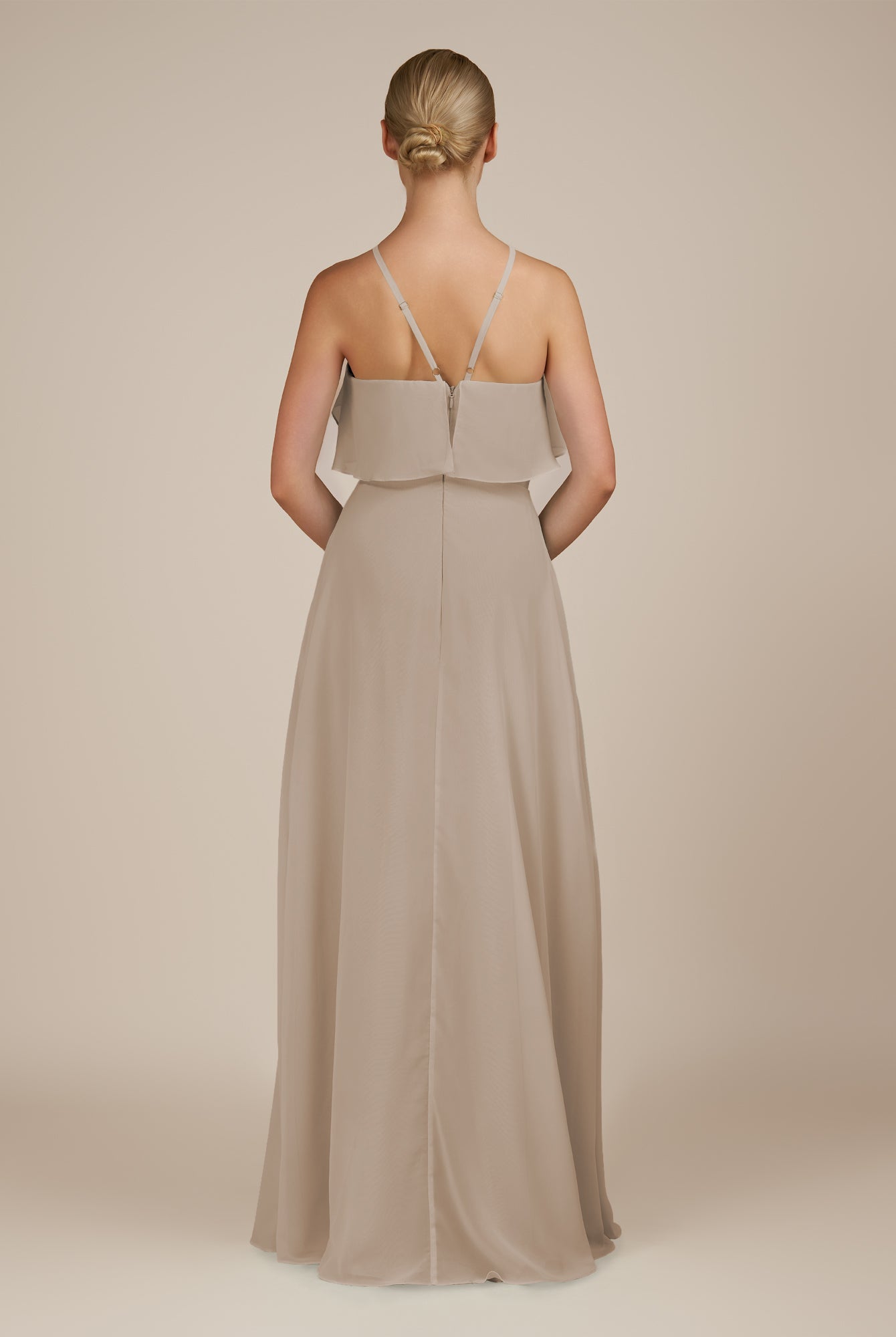 KissDress-Wynne Almond A Line Chiffon Halter Neck Ruffled Overlay Long Bridesmaid Dress