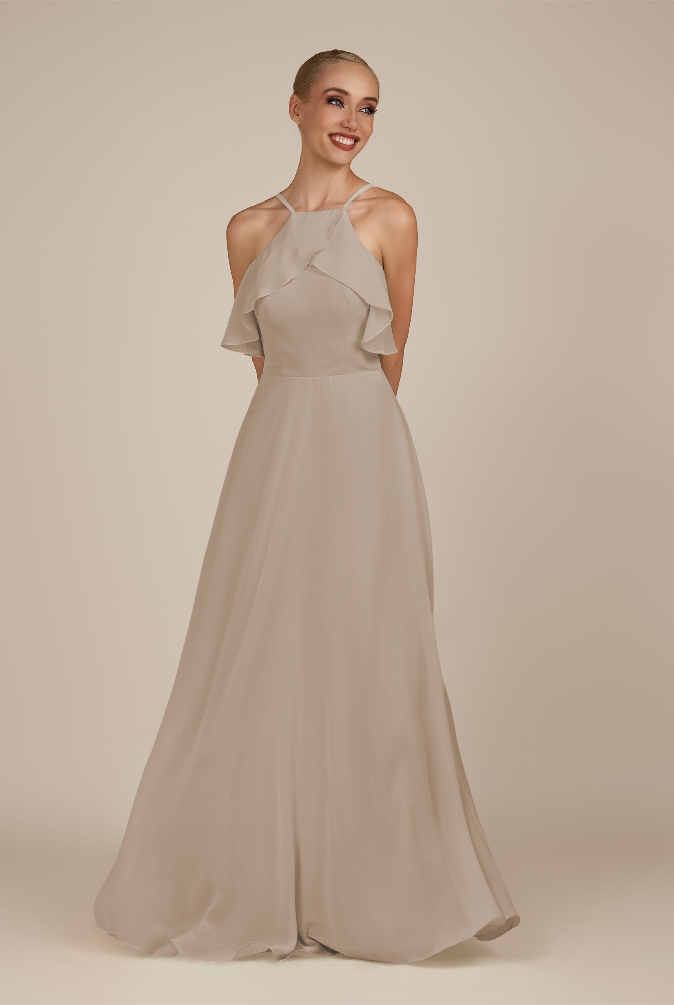 KissDress-Wynne Almond A Line Chiffon Halter Neck Ruffled Overlay Long Bridesmaid Dress