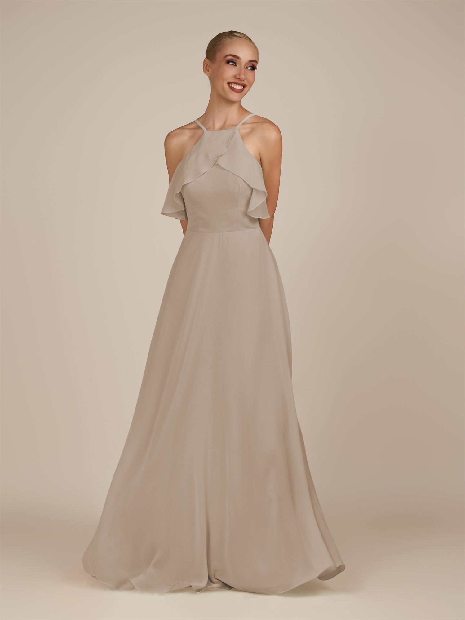 KissDress-Wynne Almond A Line Chiffon Halter Neck Ruffled Overlay Long Bridesmaid Dress