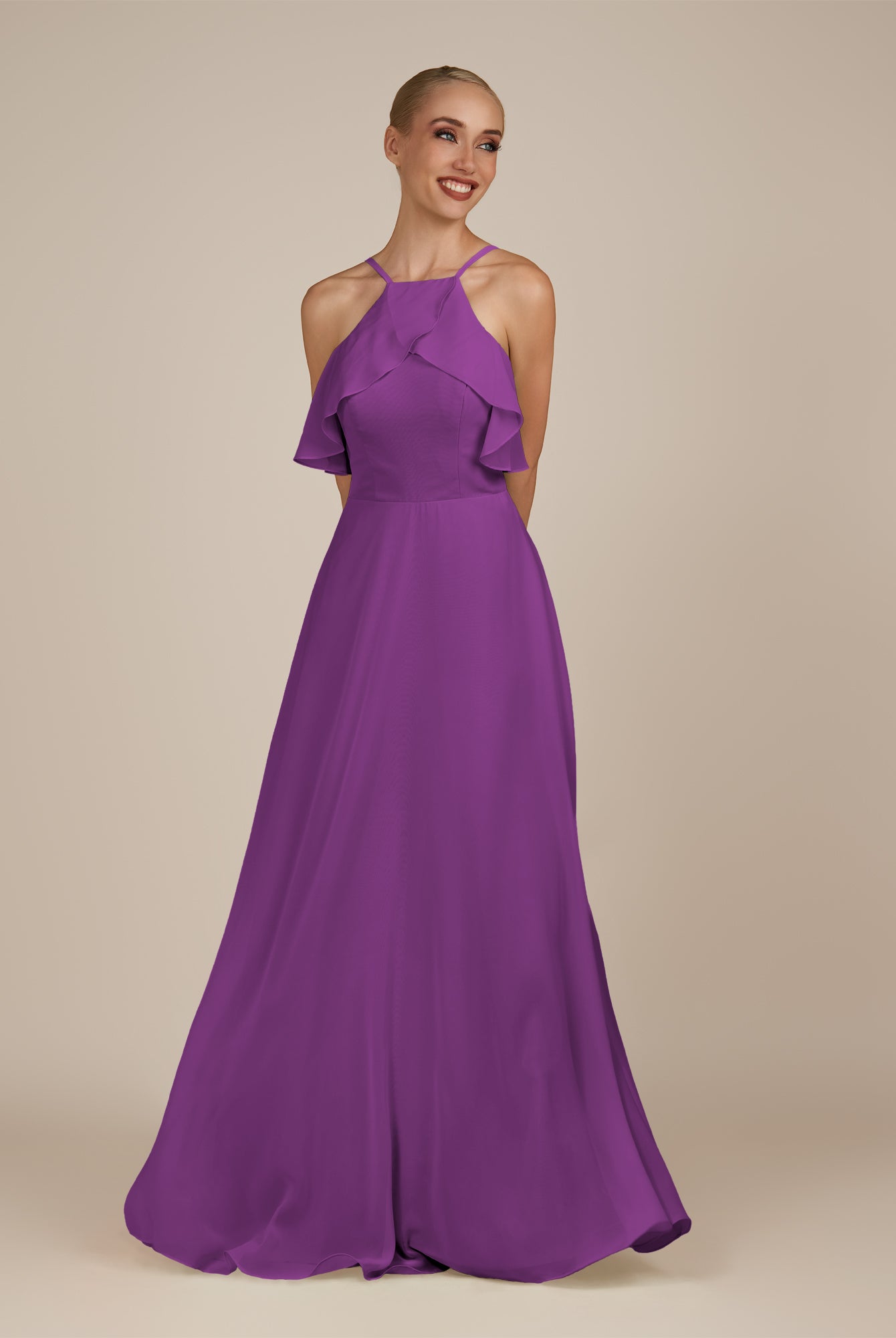 KissDress-Wynne Amethyst A Line Chiffon Halter Neck Ruffled Overlay Long Bridesmaid Dress