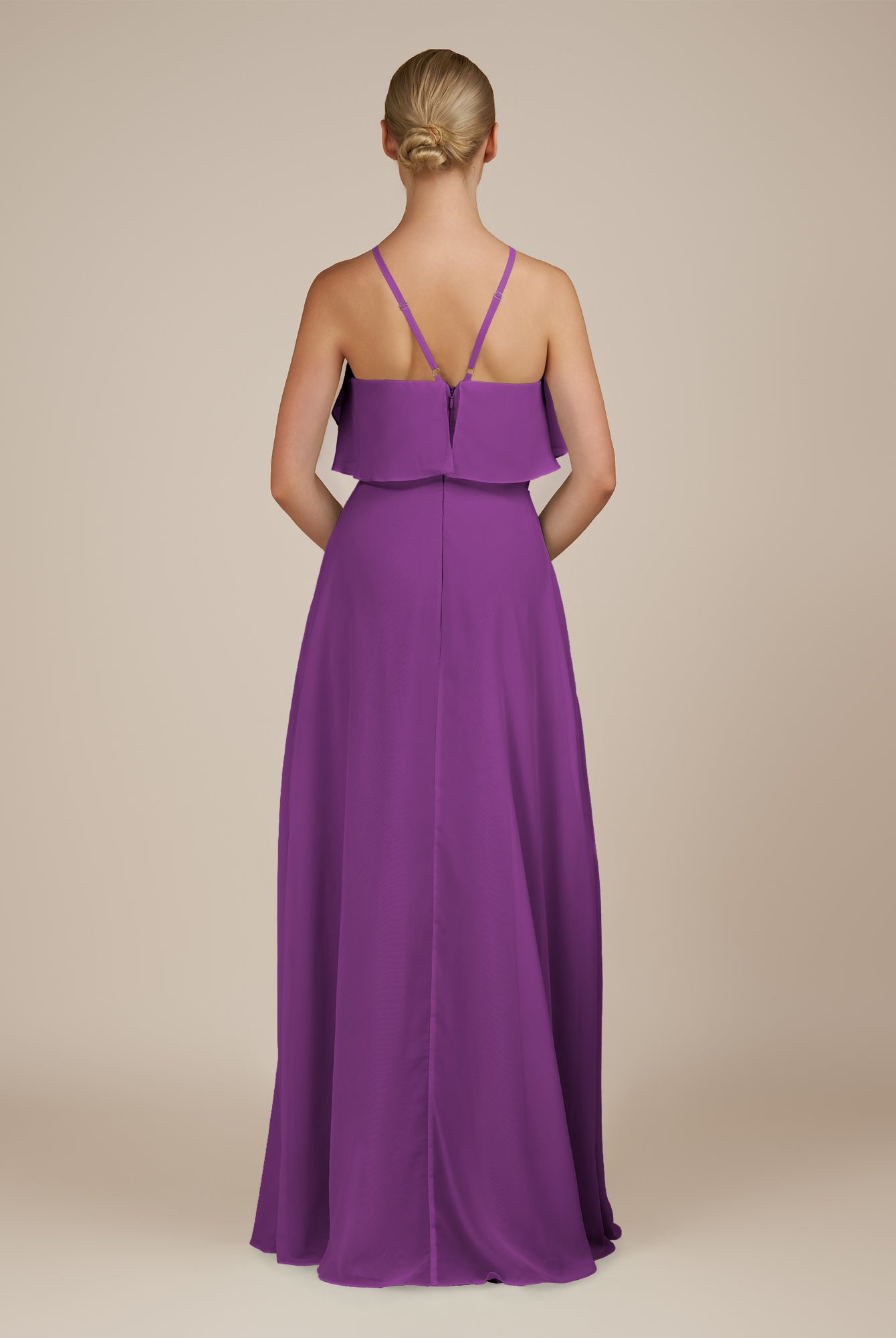 KissDress-Wynne Amethyst A Line Chiffon Halter Neck Ruffled Overlay Long Bridesmaid Dress