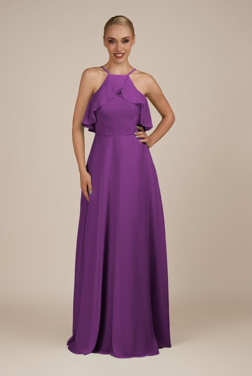 KissDress-Wynne Amethyst A Line Chiffon Halter Neck Ruffled Overlay Long Bridesmaid Dress