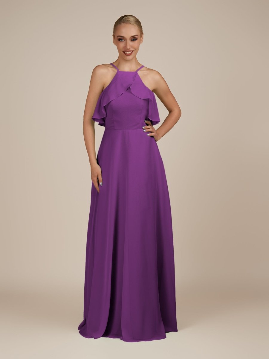 KissDress-Wynne Amethyst A Line Chiffon Halter Neck Ruffled Overlay Long Bridesmaid Dress