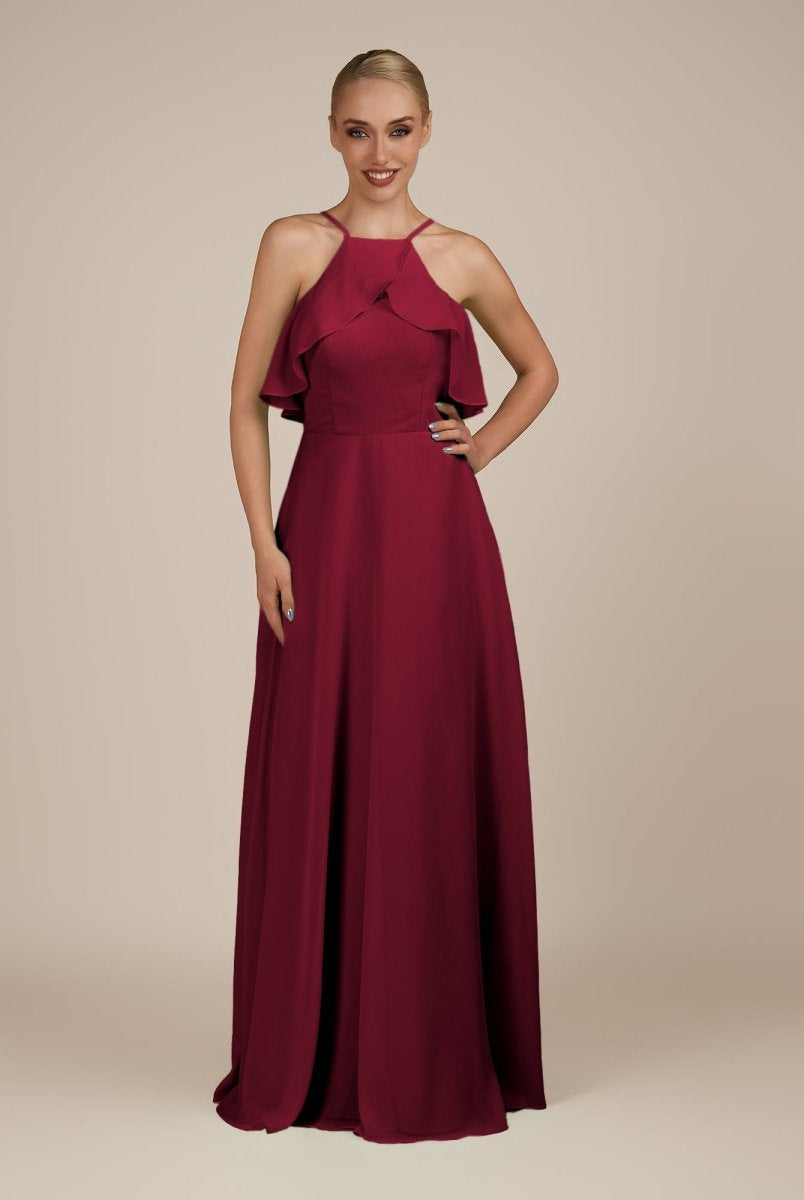 KissDress-Wynne Berry A Line Chiffon Halter Neck Ruffled Overlay Long Bridesmaid Dress