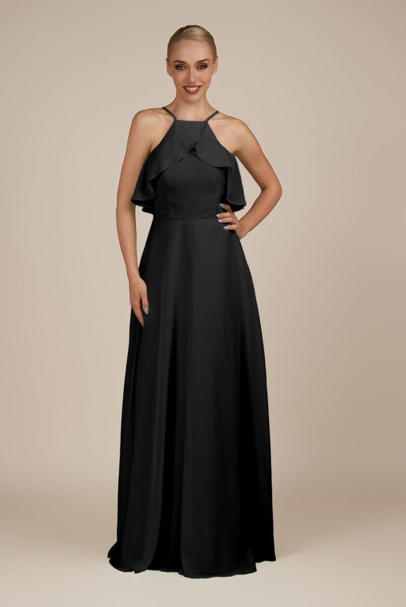 KissDress-Wynne Black A Line Chiffon Halter Neck Ruffled Overlay Long Bridesmaid Dress