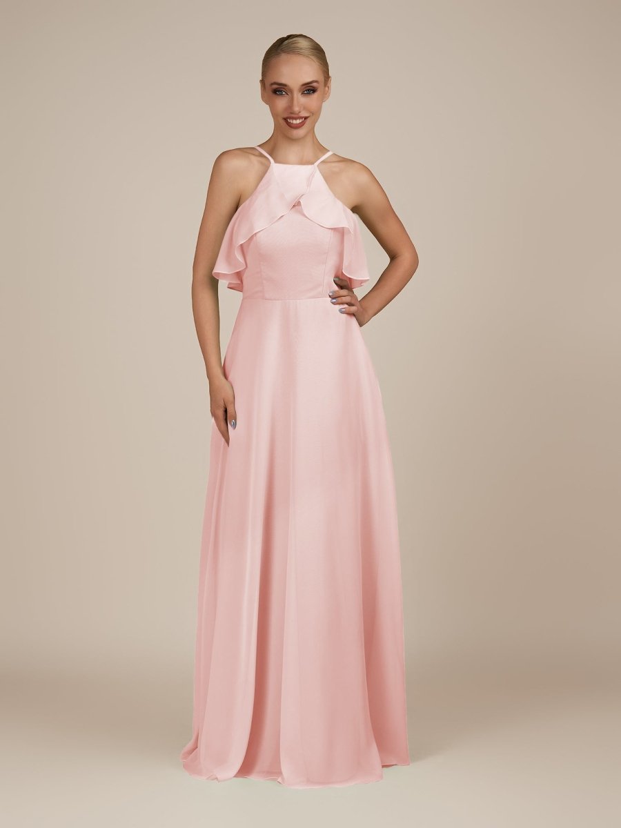 KissDress-Wynne Blush Pink A Line Chiffon Halter Neck Ruffled Overlay Long Bridesmaid Dress