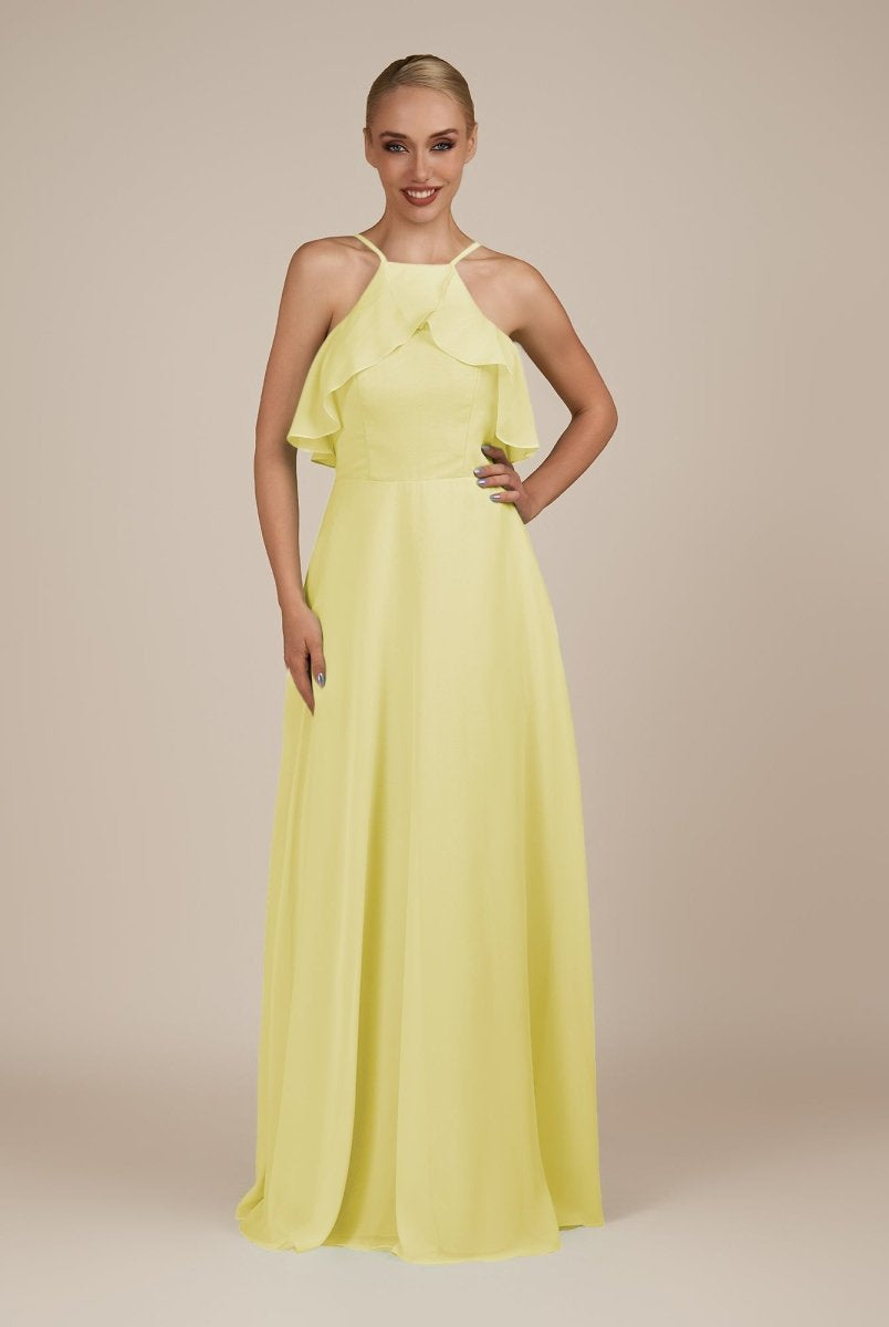 KissDress-Wynne Buttercup A Line Chiffon Halter Neck Ruffled Overlay Long Bridesmaid Dress