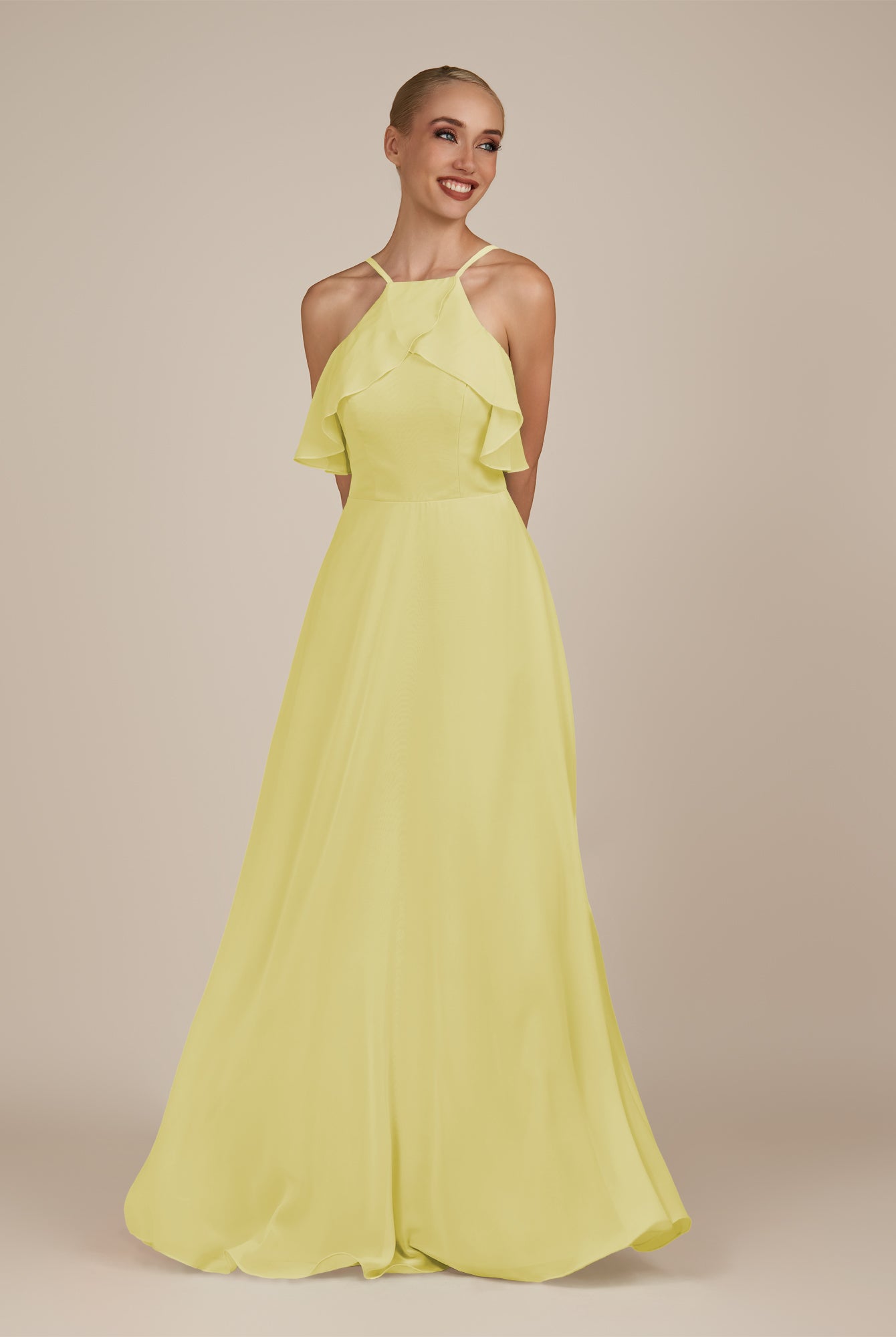 KissDress-Wynne Buttercup A Line Chiffon Halter Neck Ruffled Overlay Long Bridesmaid Dress