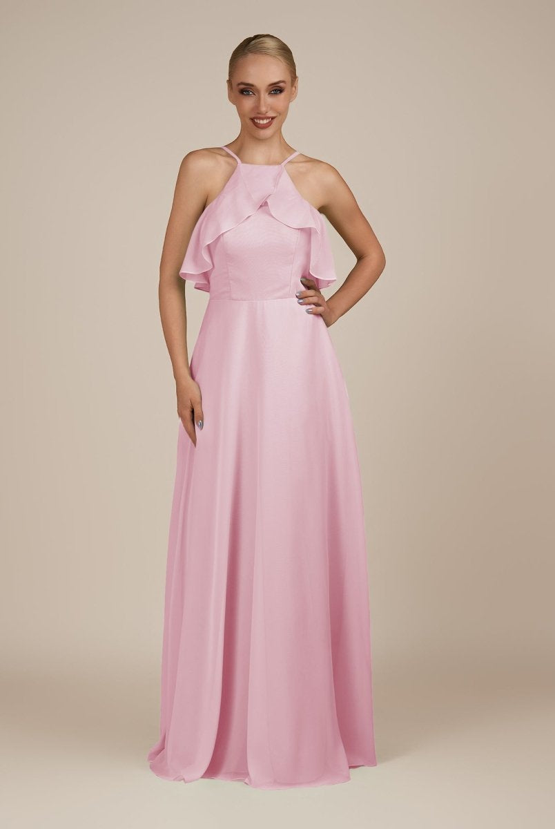 KissDress-Wynne Candy Pink A Line Chiffon Halter Neck Ruffled Overlay Long Bridesmaid Dress