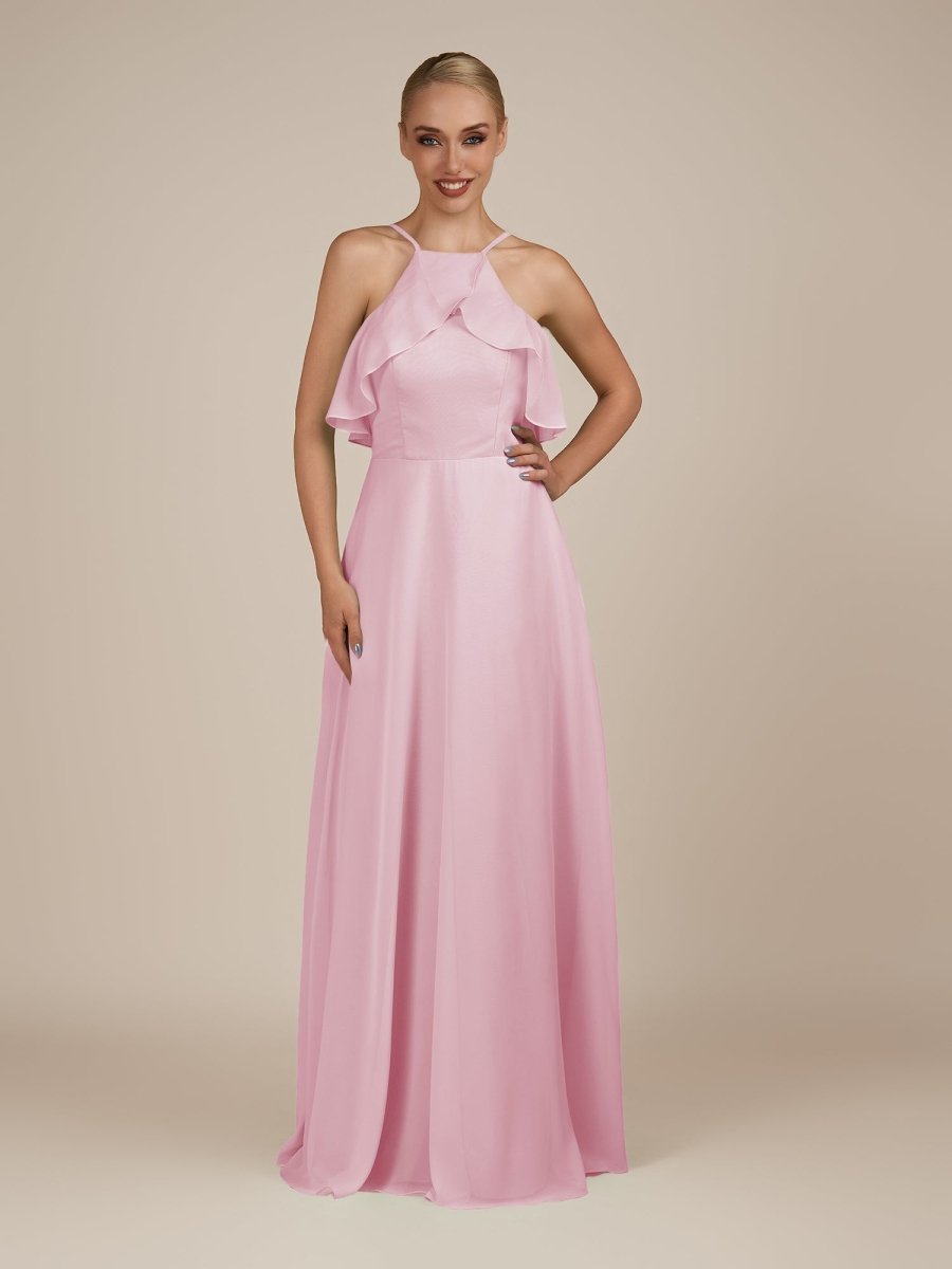 KissDress-Wynne Candy Pink A Line Chiffon Halter Neck Ruffled Overlay Long Bridesmaid Dress