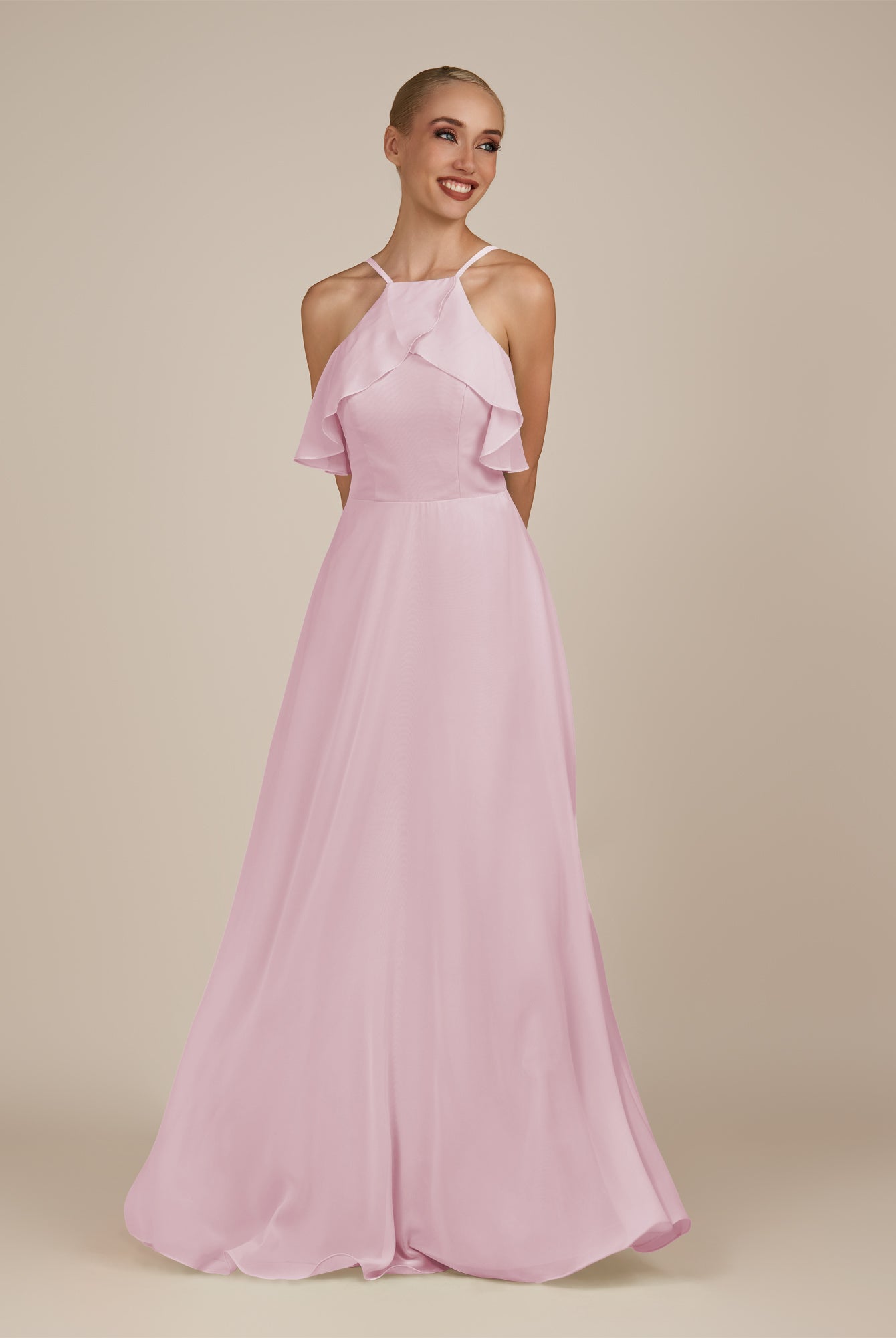 KissDress-Wynne Candy Pink A Line Chiffon Halter Neck Ruffled Overlay Long Bridesmaid Dress