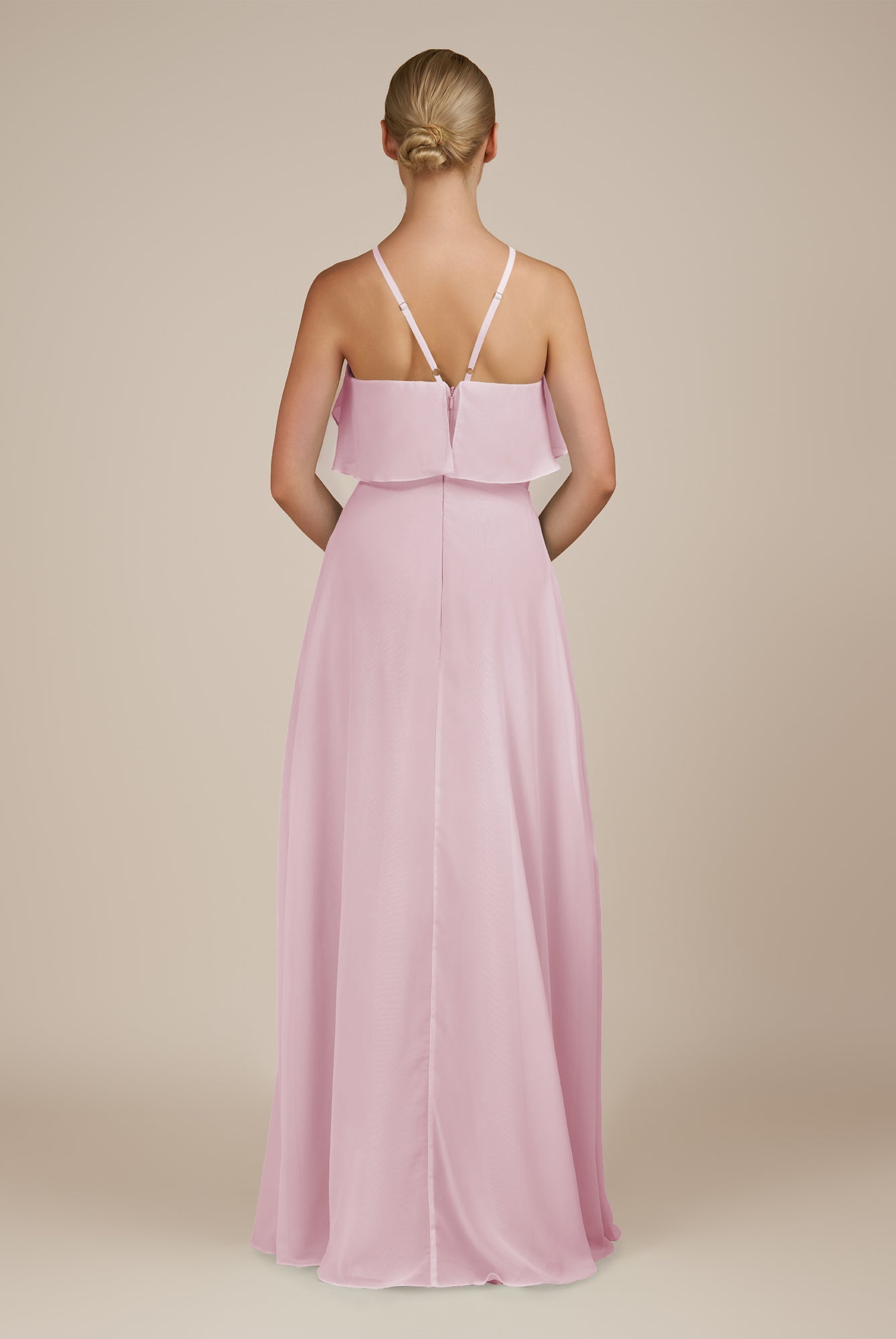 KissDress-Wynne Candy Pink A Line Chiffon Halter Neck Ruffled Overlay Long Bridesmaid Dress