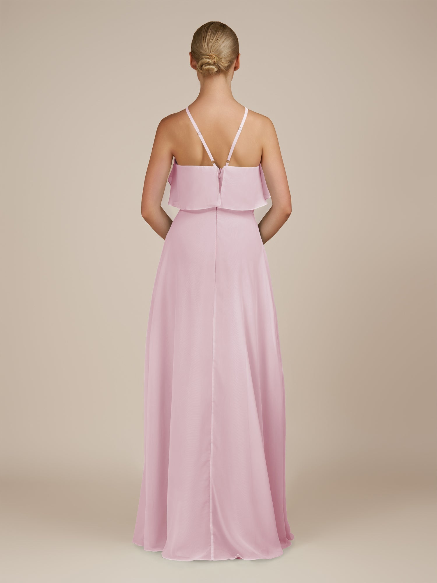 KissDress-Wynne Candy Pink A Line Chiffon Halter Neck Ruffled Overlay Long Bridesmaid Dress