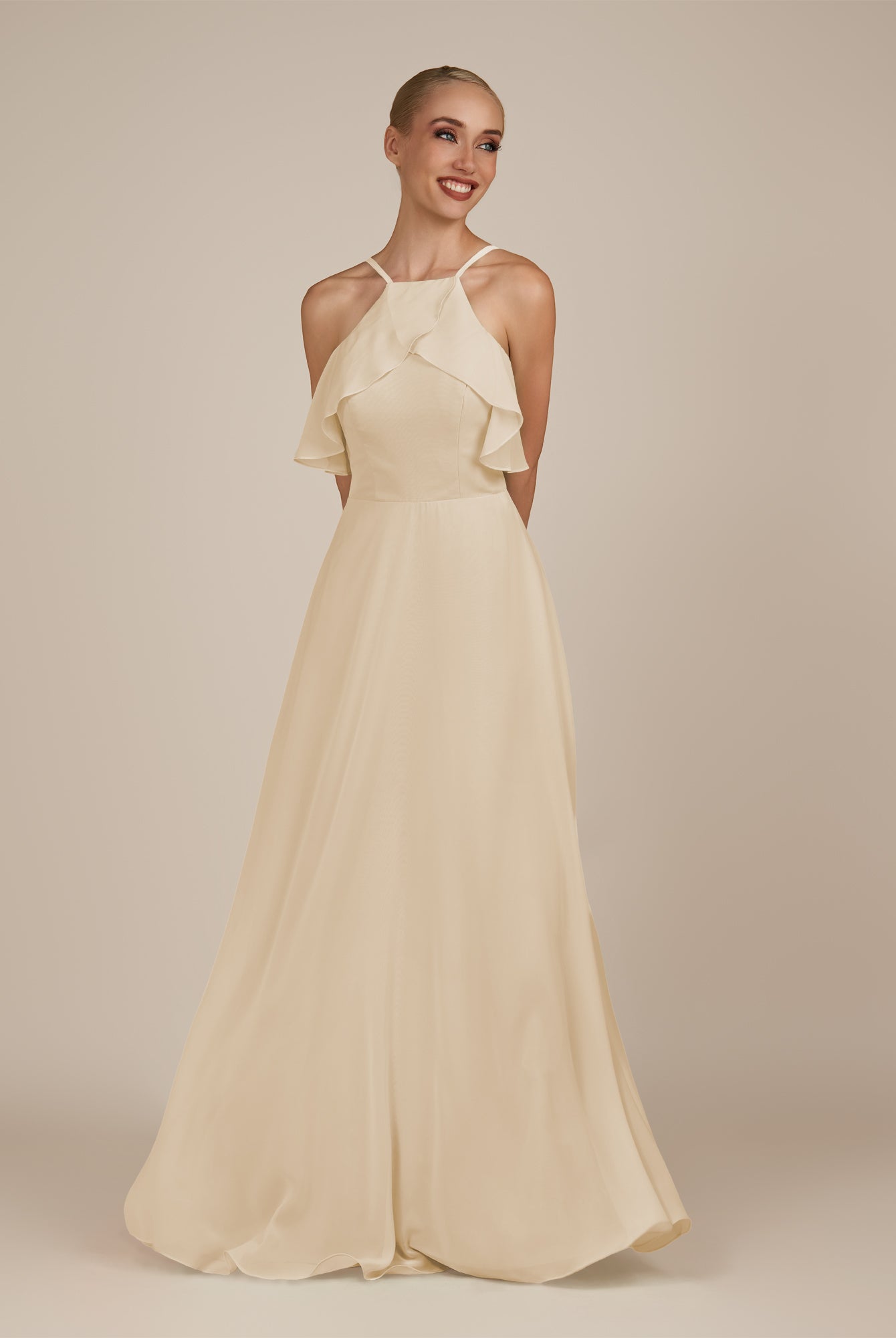 KissDress-Wynne Champagne A Line Chiffon Halter Neck Ruffled Overlay Long Bridesmaid Dress