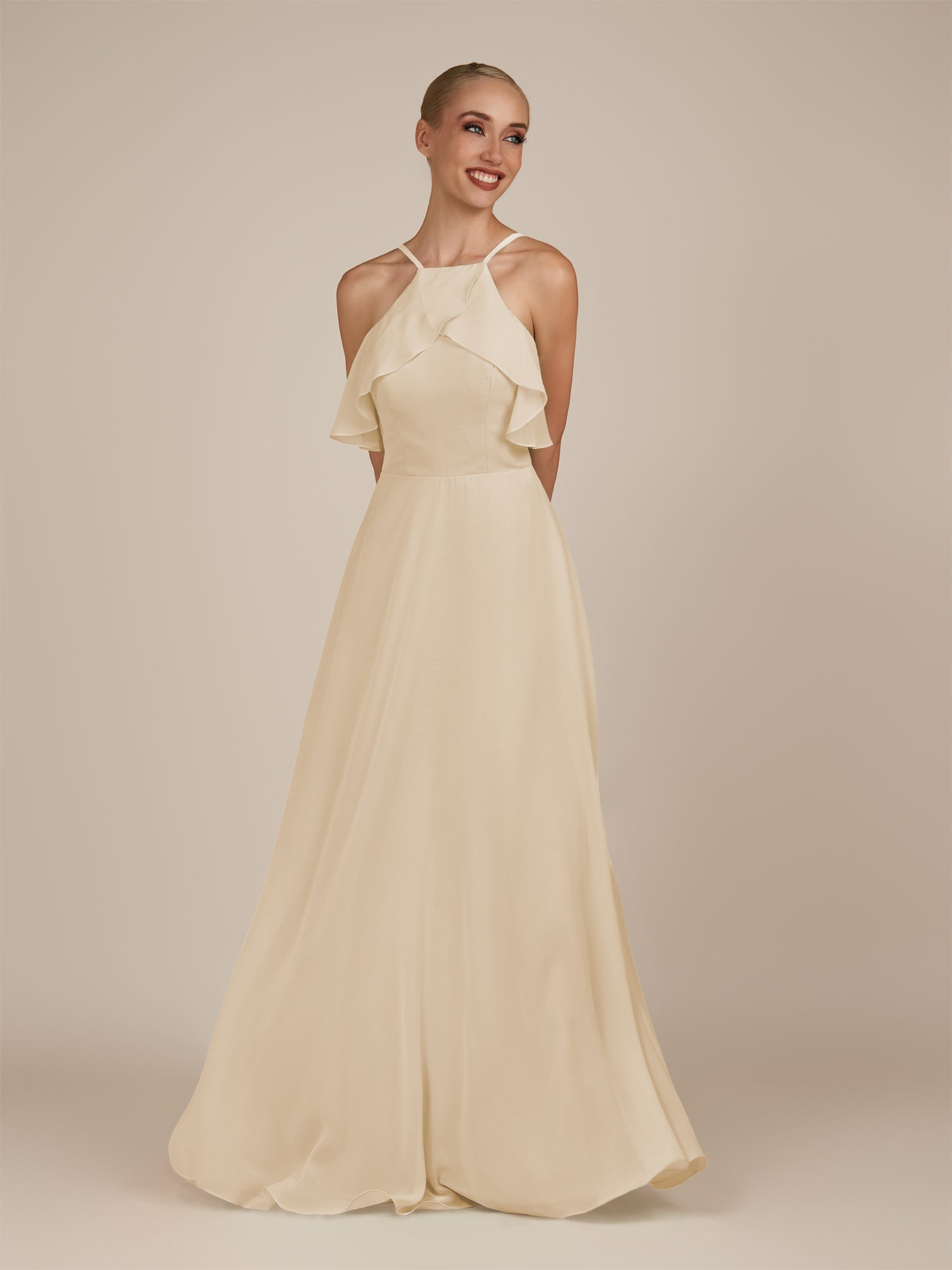 KissDress-Wynne Champagne A Line Chiffon Halter Neck Ruffled Overlay Long Bridesmaid Dress