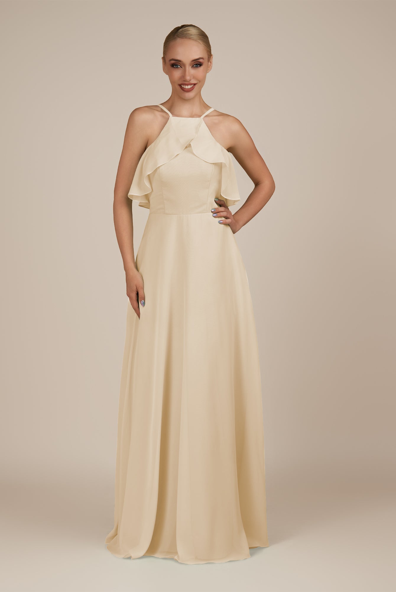 KissDress-Wynne Champagne A Line Chiffon Halter Neck Ruffled Overlay Long Bridesmaid Dress