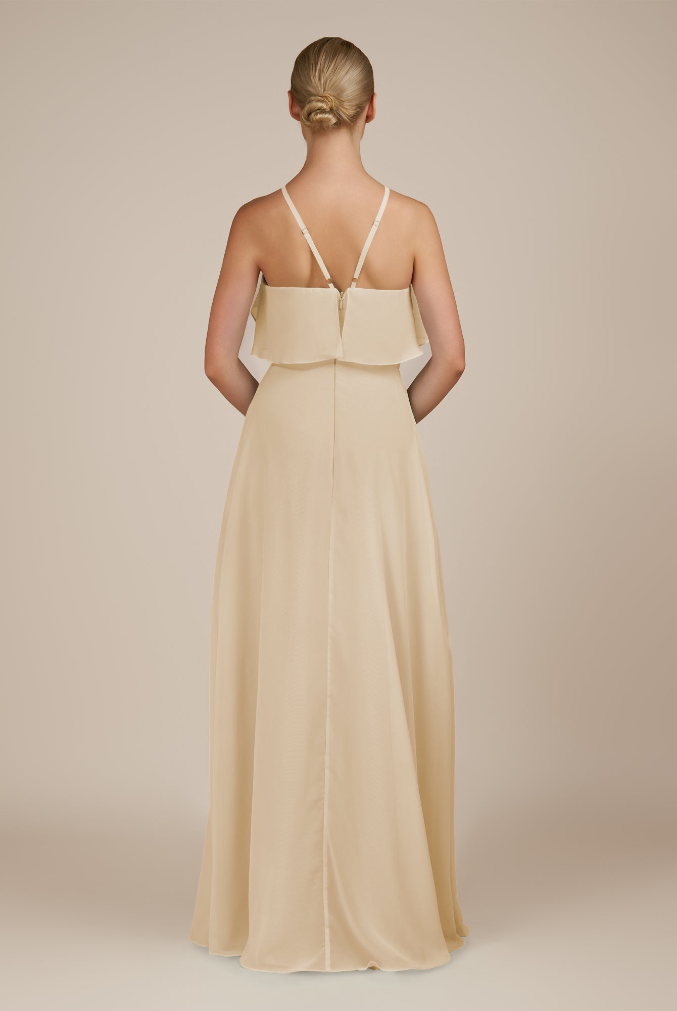 KissDress-Wynne Champagne A Line Chiffon Halter Neck Ruffled Overlay Long Bridesmaid Dress