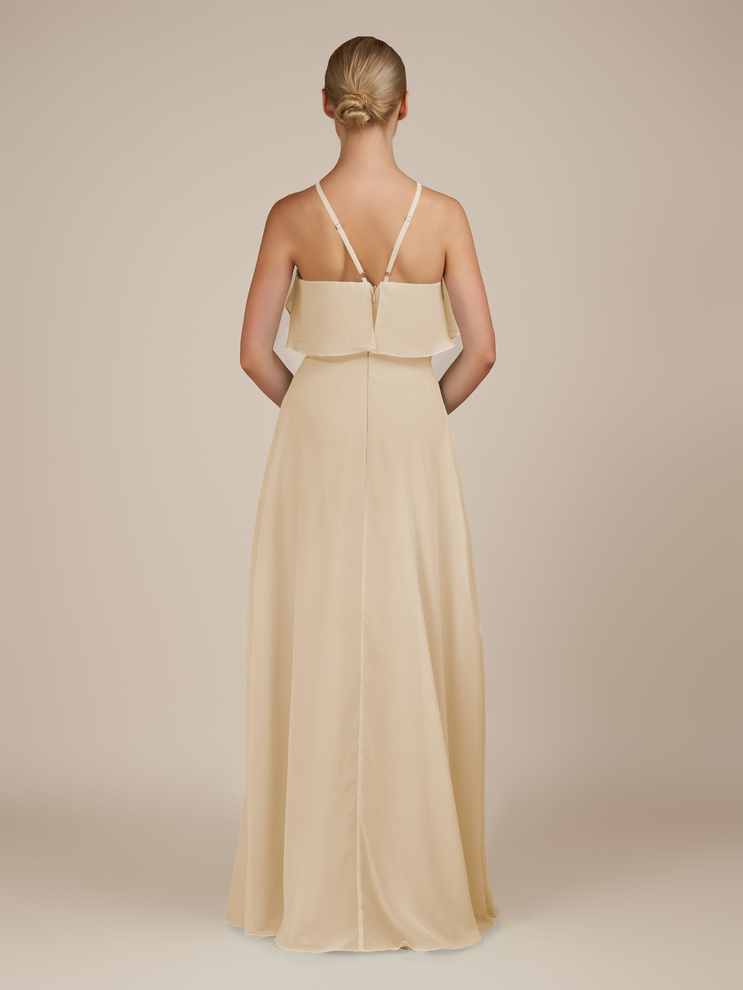 KissDress-Wynne Champagne A Line Chiffon Halter Neck Ruffled Overlay Long Bridesmaid Dress