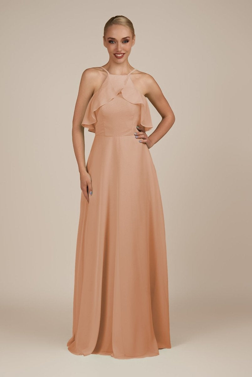 KissDress-Wynne Champagne Rose A Line Chiffon Halter Neck Ruffled Overlay Long Bridesmaid Dress