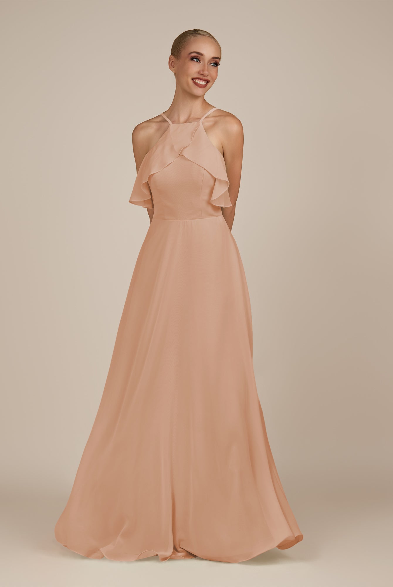 KissDress-Wynne Champagne Rose A Line Chiffon Halter Neck Ruffled Overlay Long Bridesmaid Dress