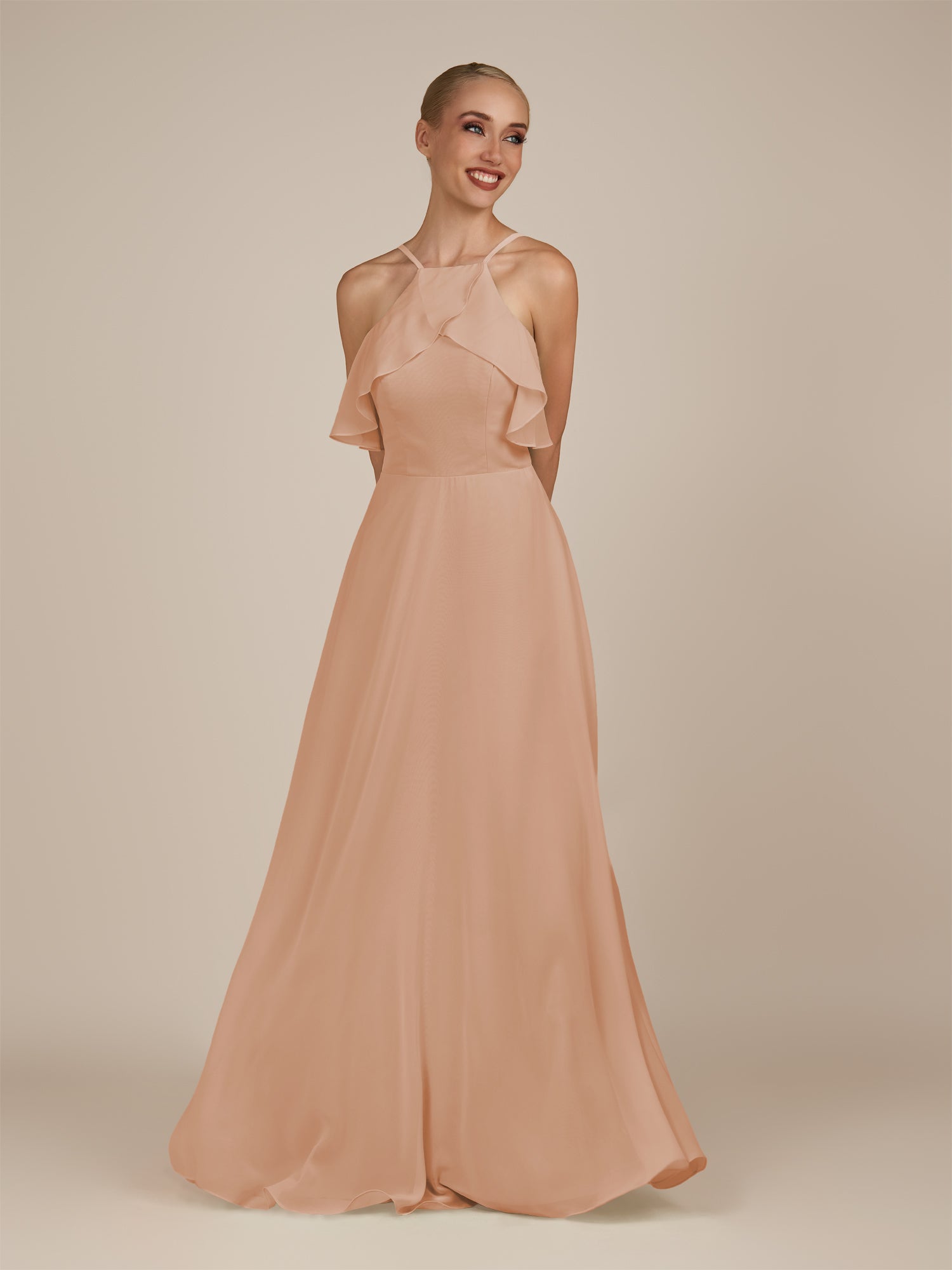 KissDress-Wynne Champagne Rose A Line Chiffon Halter Neck Ruffled Overlay Long Bridesmaid Dress