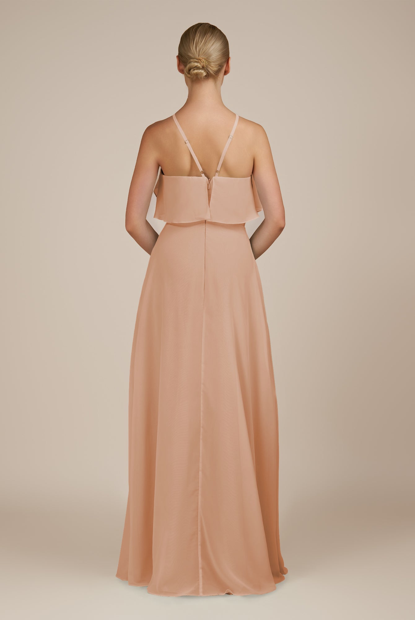 KissDress-Wynne Champagne Rose A Line Chiffon Halter Neck Ruffled Overlay Long Bridesmaid Dress