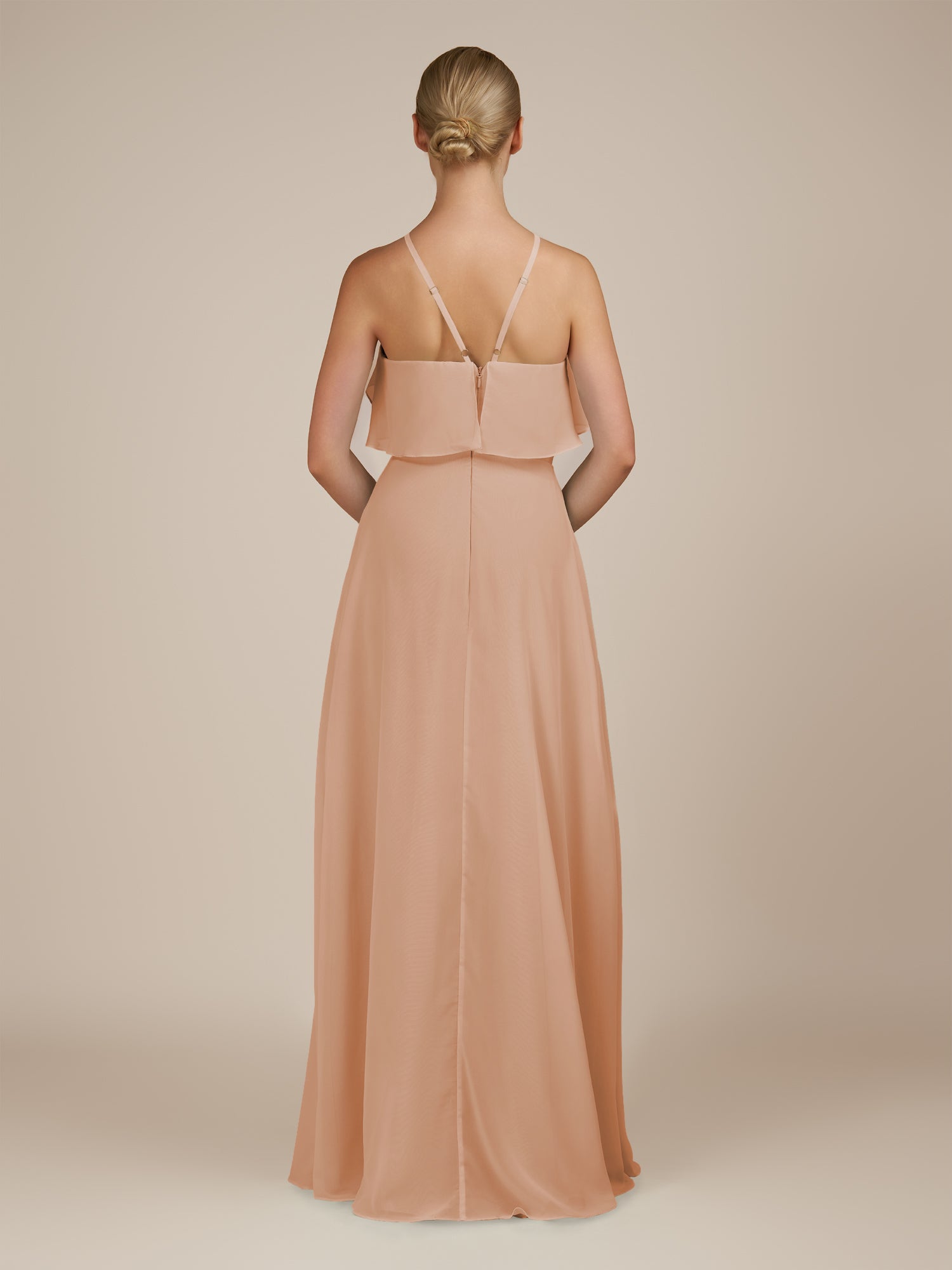 KissDress-Wynne Champagne Rose A Line Chiffon Halter Neck Ruffled Overlay Long Bridesmaid Dress