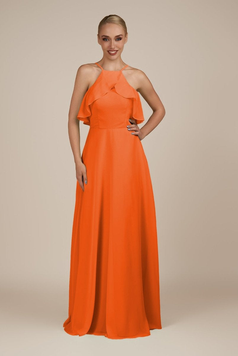 KissDress-Wynne Cinnamon A Line Chiffon Halter Neck Ruffled Overlay Long Bridesmaid Dress