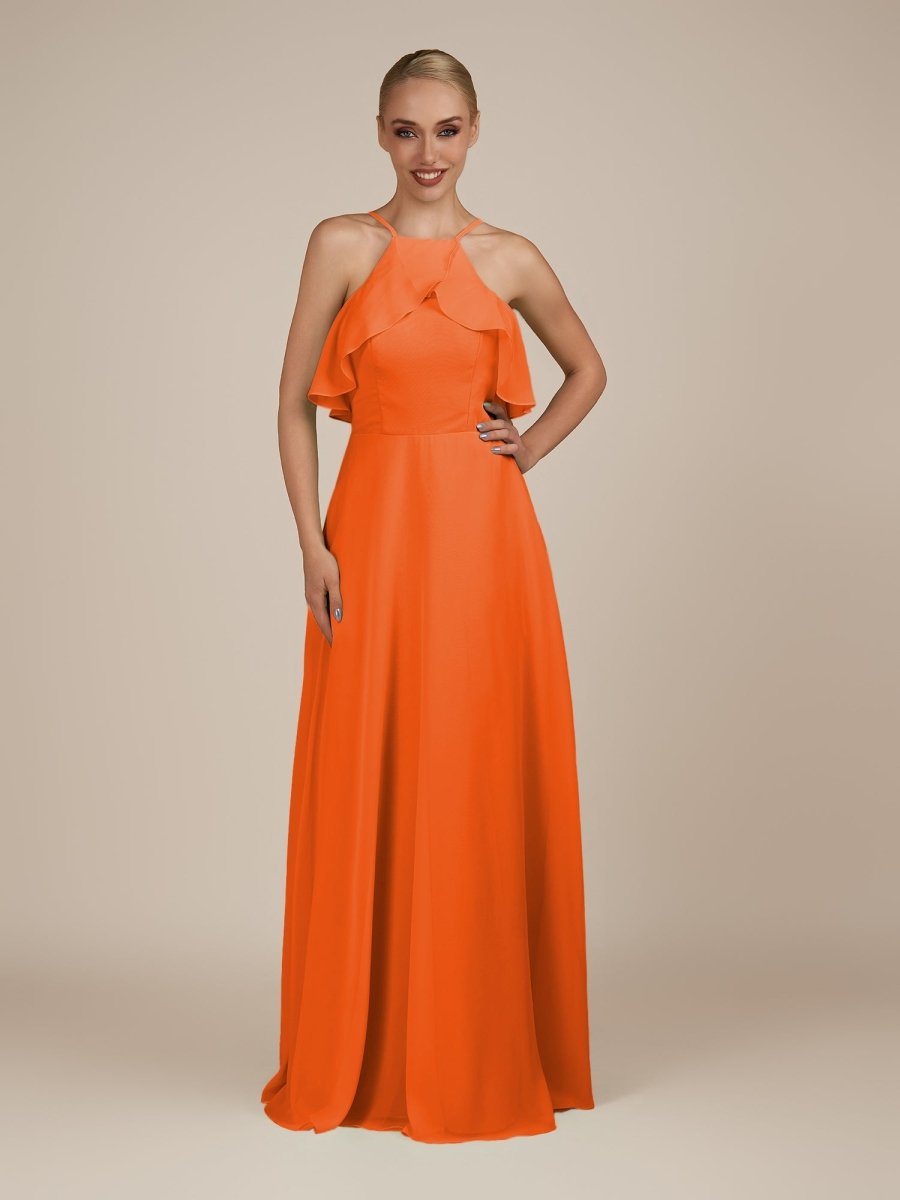 KissDress-Wynne Cinnamon A Line Chiffon Halter Neck Ruffled Overlay Long Bridesmaid Dress