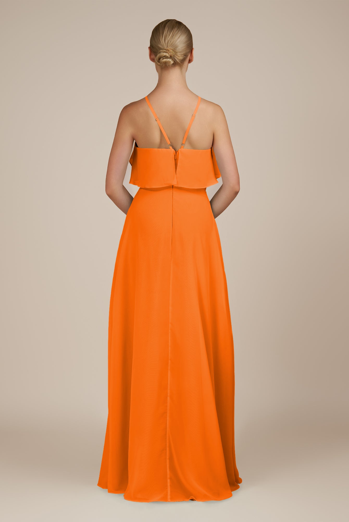 KissDress-Wynne Cinnamon A Line Chiffon Halter Neck Ruffled Overlay Long Bridesmaid Dress