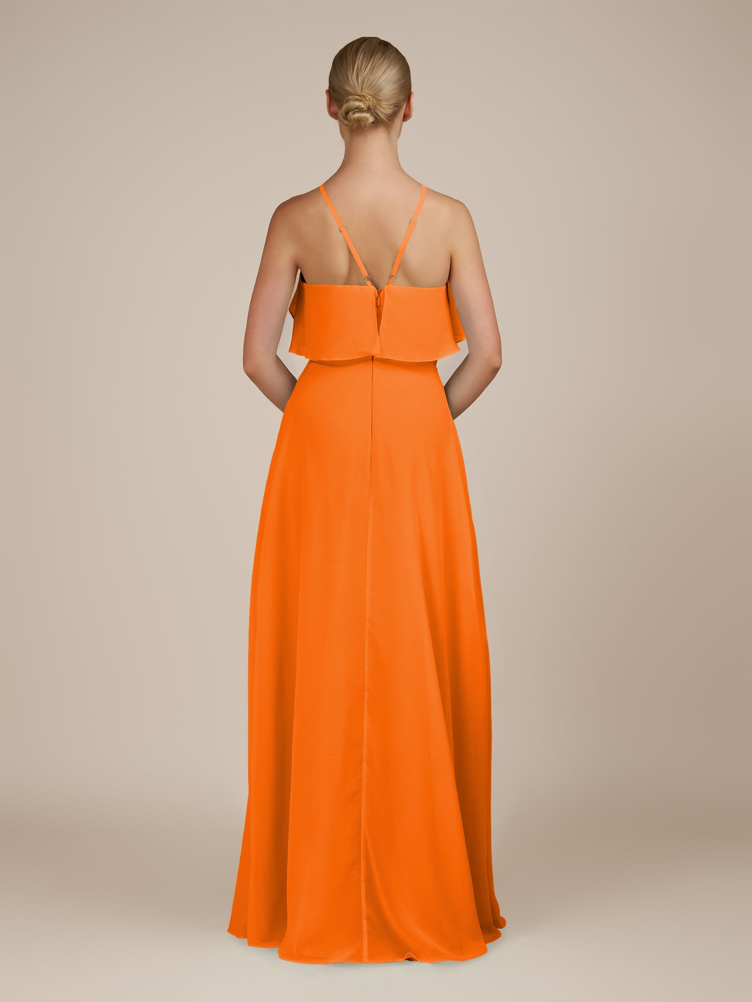 KissDress-Wynne Cinnamon A Line Chiffon Halter Neck Ruffled Overlay Long Bridesmaid Dress