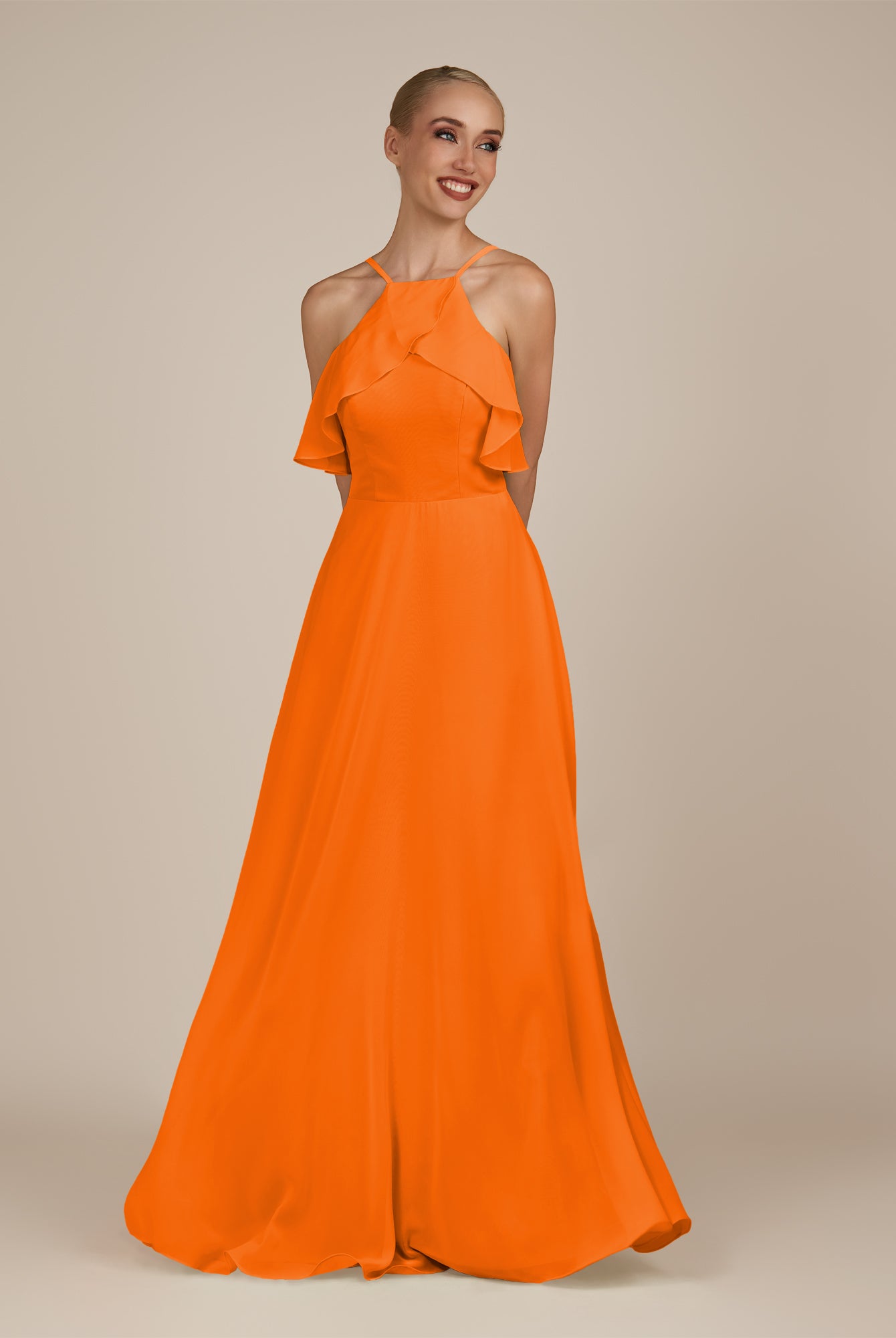 KissDress-Wynne Cinnamon A Line Chiffon Halter Neck Ruffled Overlay Long Bridesmaid Dress
