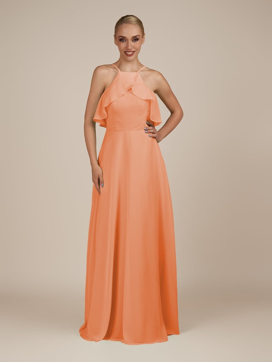 KissDress-Wynne Coral A Line Chiffon Halter Neck Ruffled Overlay Long Bridesmaid Dress
