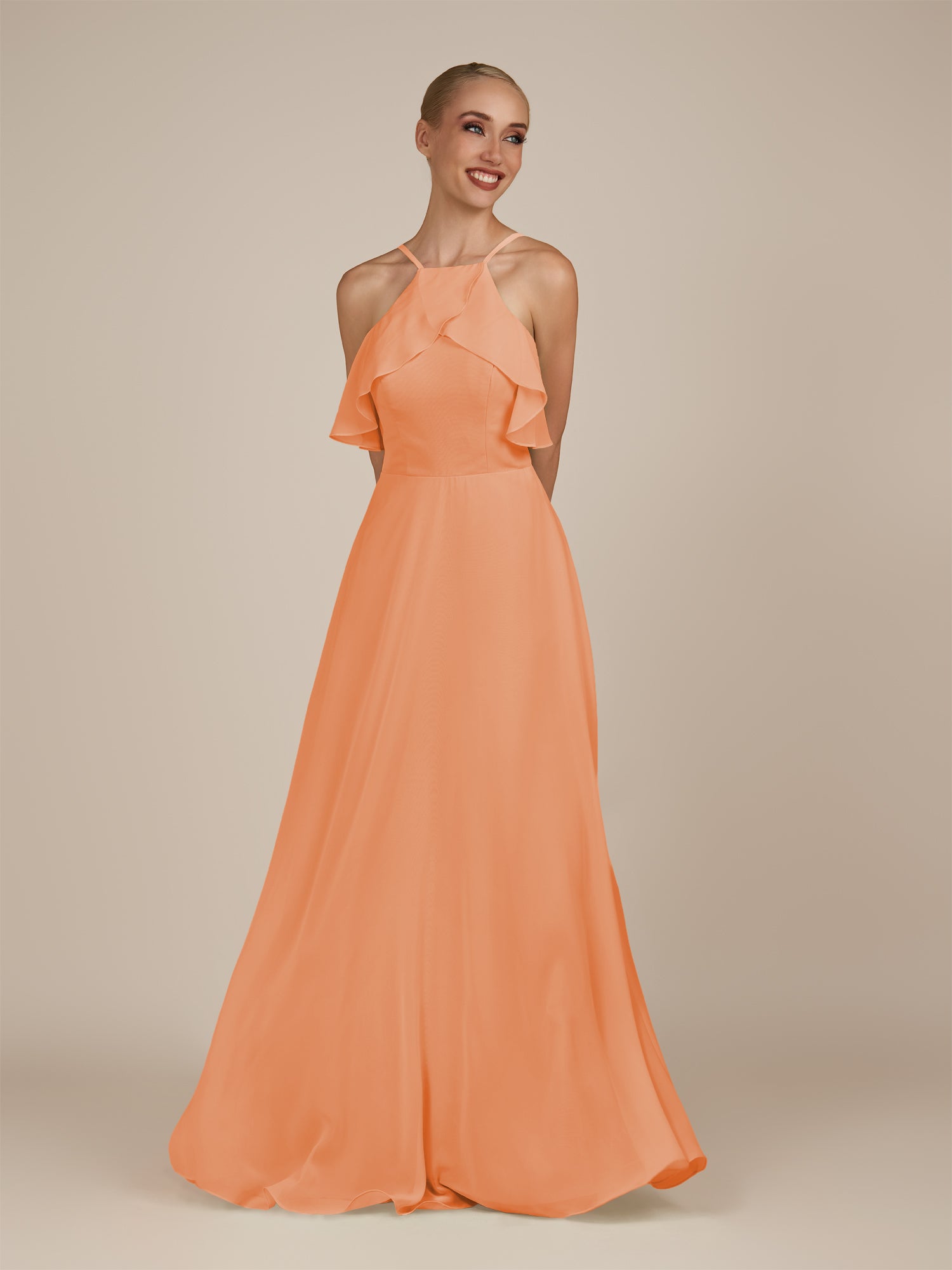 KissDress-Wynne Coral A Line Chiffon Halter Neck Ruffled Overlay Long Bridesmaid Dress